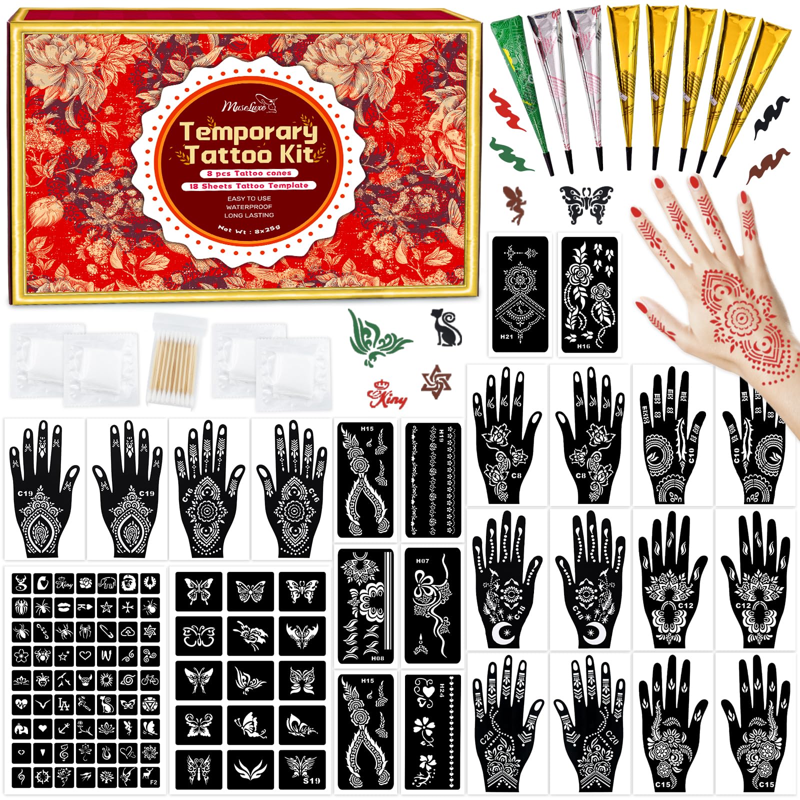 MuseLuxe Temporary Tattoos Stencils Kit,Temporary Tattoos Kit 8 Pieces