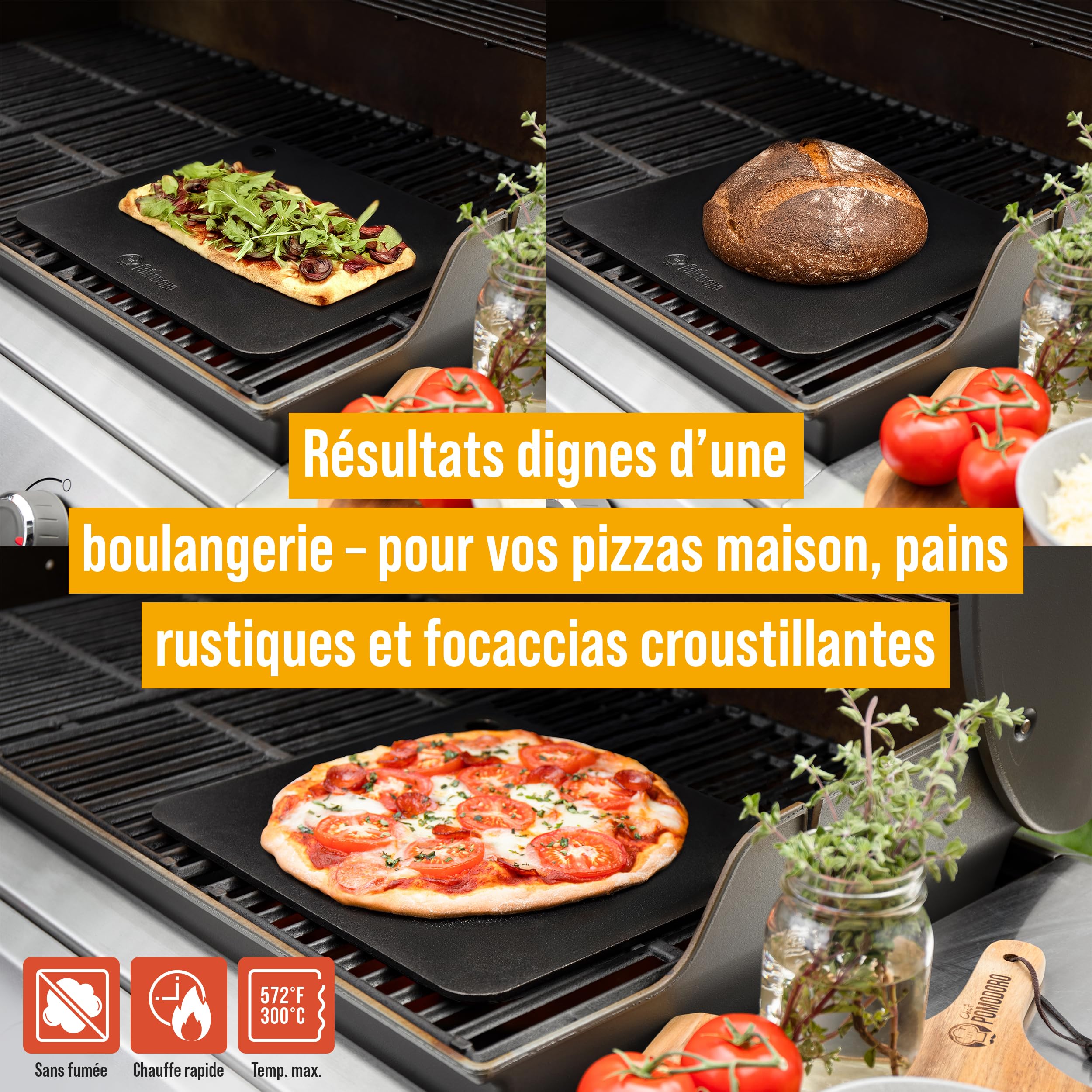 Chef Pomodoro Pierre à Pizza 35,6 x 30,5 cm (6,35 mm), Pierre Réfractaire Four, Pierres à Pizza, Cuisson, Pour Four, Acier, Avec Trous de Préhension, Idéal Pain et Pizza Maison