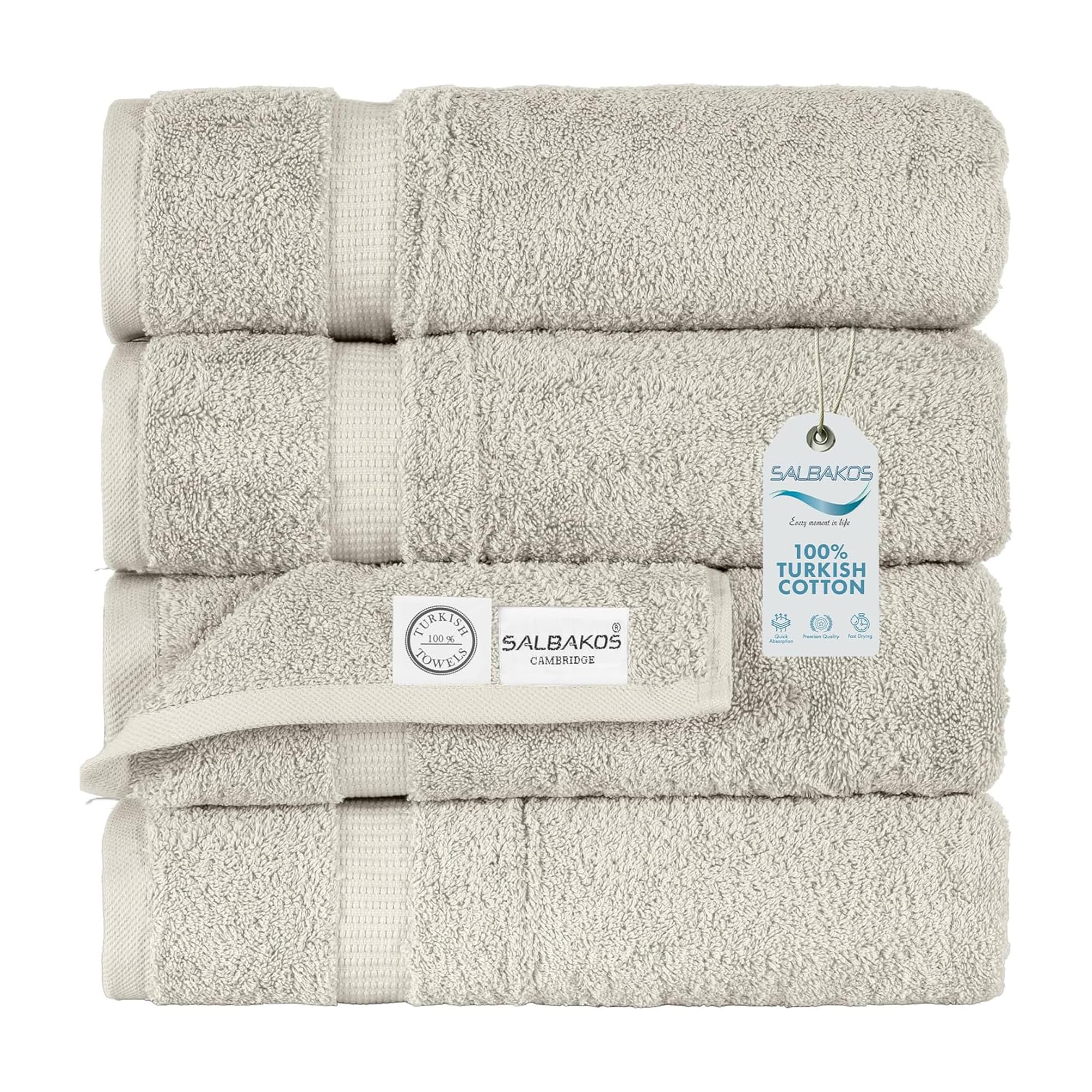 SALBAKOS 100% Turkish Cotton Bath Towels | 4 Piece Turkish Bath Towels Stone 27x54 in Standard Size | Premium Hotel Quality, Super Absorbent, Thick & Plush Turkish Bath Towel (Stone, 4 Bath Towels)