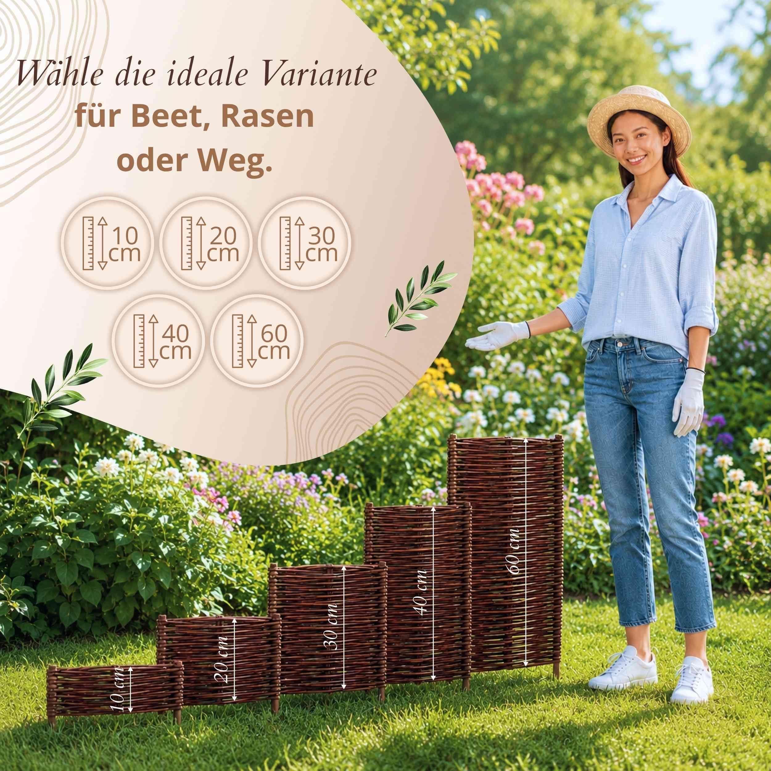 Floranica 10 Stück Beetbegrenzung Weide 20 cm x 50 cm – Rasenkante Weidengeflecht Beeteinfassung, Beetumrandung