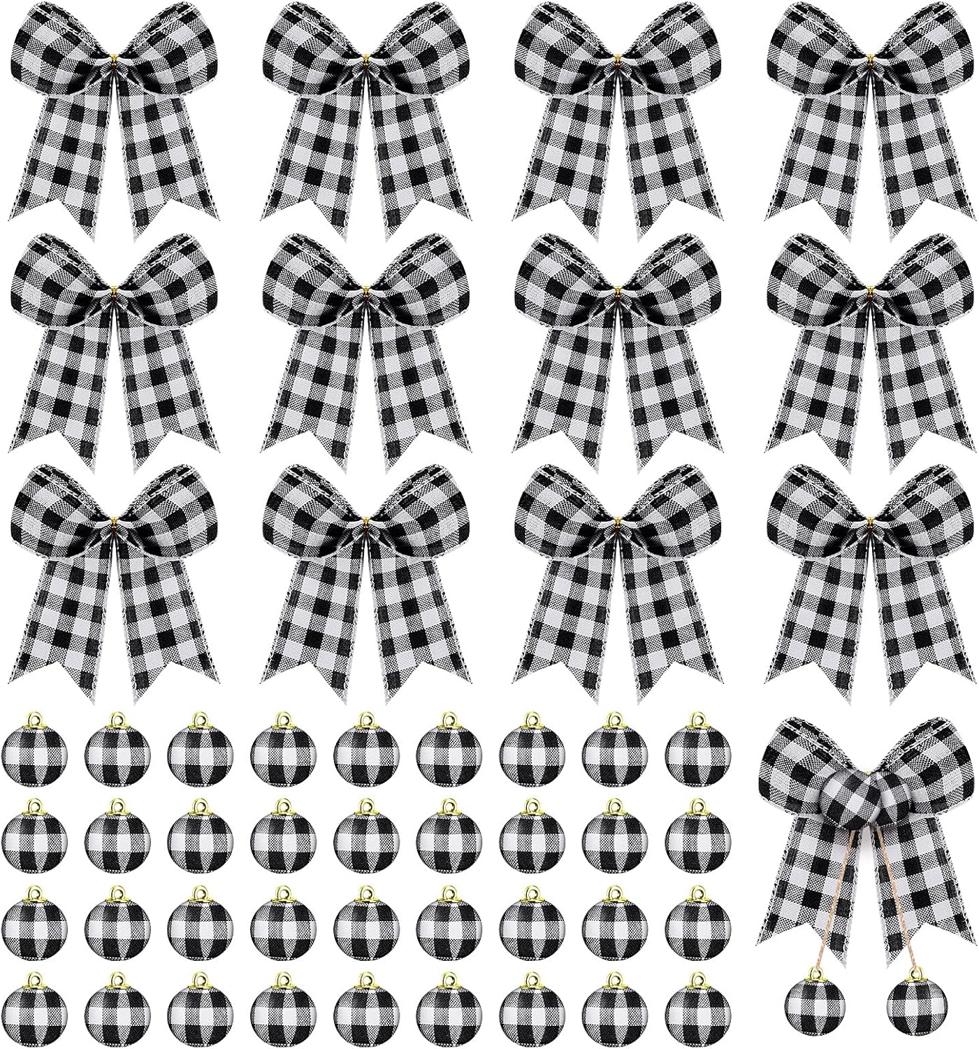 Chuangdi 36 Pcs Christmas Buffalo Plaid Ball Ornament and 12 Pcs Bow - Xmas Tree Hanging Decor for Holiday Farmhouse Party (Black and White, 5.9 Inch and 1 Inch)