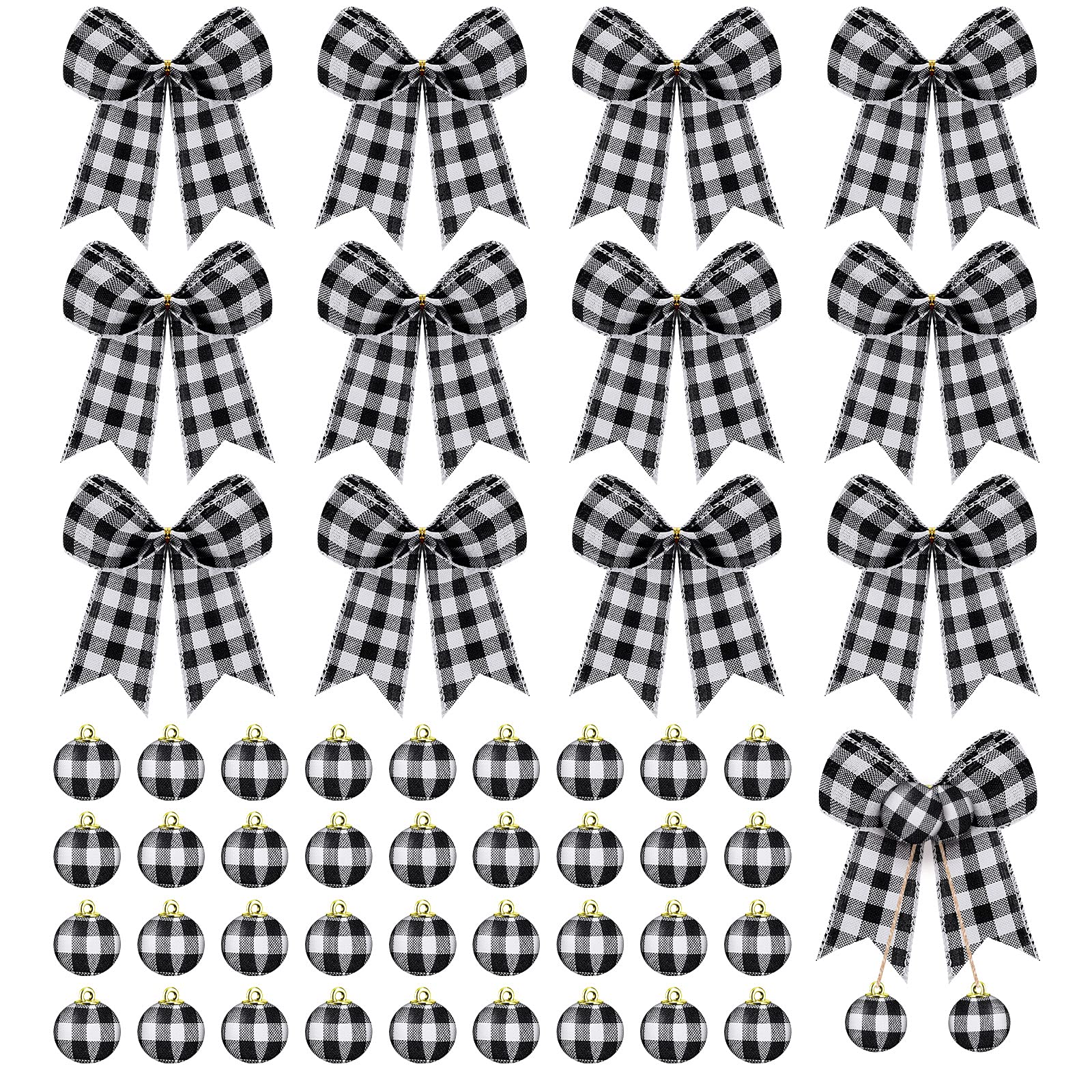 36 Pcs Christmas Buffalo Plaid Ball Ornament Fabric Wrapped Ball 12 Pcs Bow Xmas Tree Hanging Decor Holiday Farmhouse Party Supplies (Black and White Plaid, 2.8 Inch and 0.6 Inch)