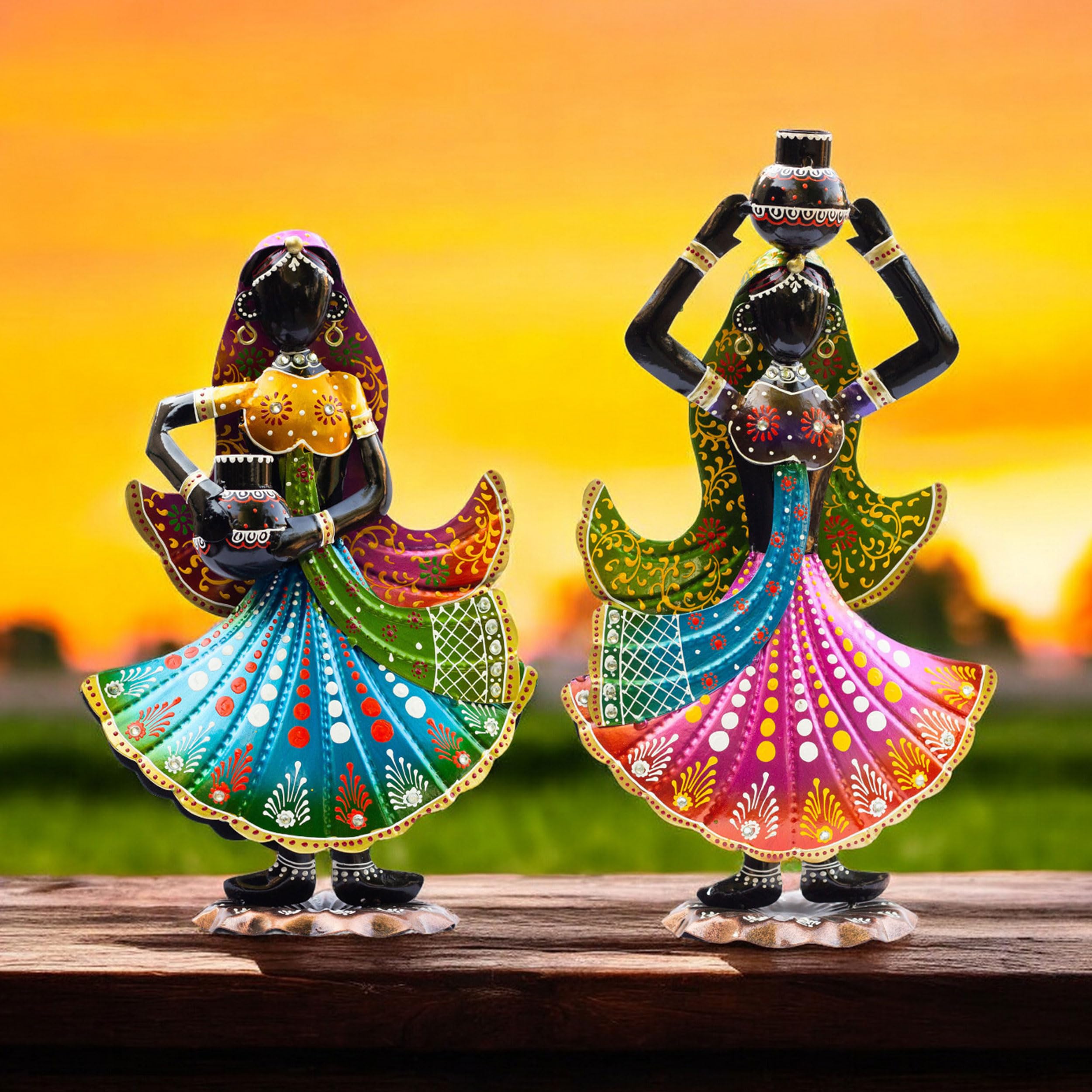 KRAFTSKALA Handcrafted Rajasthani Ethnic Village Girl Dolls Figurine - Set of 2 | Vibrant 16" Metal Showpiece for Home Decor | Ideal Gift for Housewarming, Weddings, Diwali