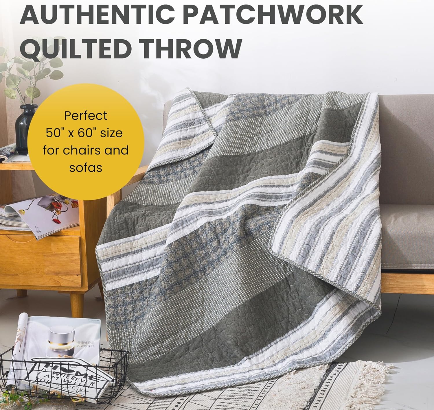 Soul & Lane Madrona 50" x 60" Cotton Quilted Throw Blanket, Modern Masculine Striped Throw Quilt for Couch, Lightweight Pieced Lap Quilt in Brown and Gray for Men's Bedroom - Image 2