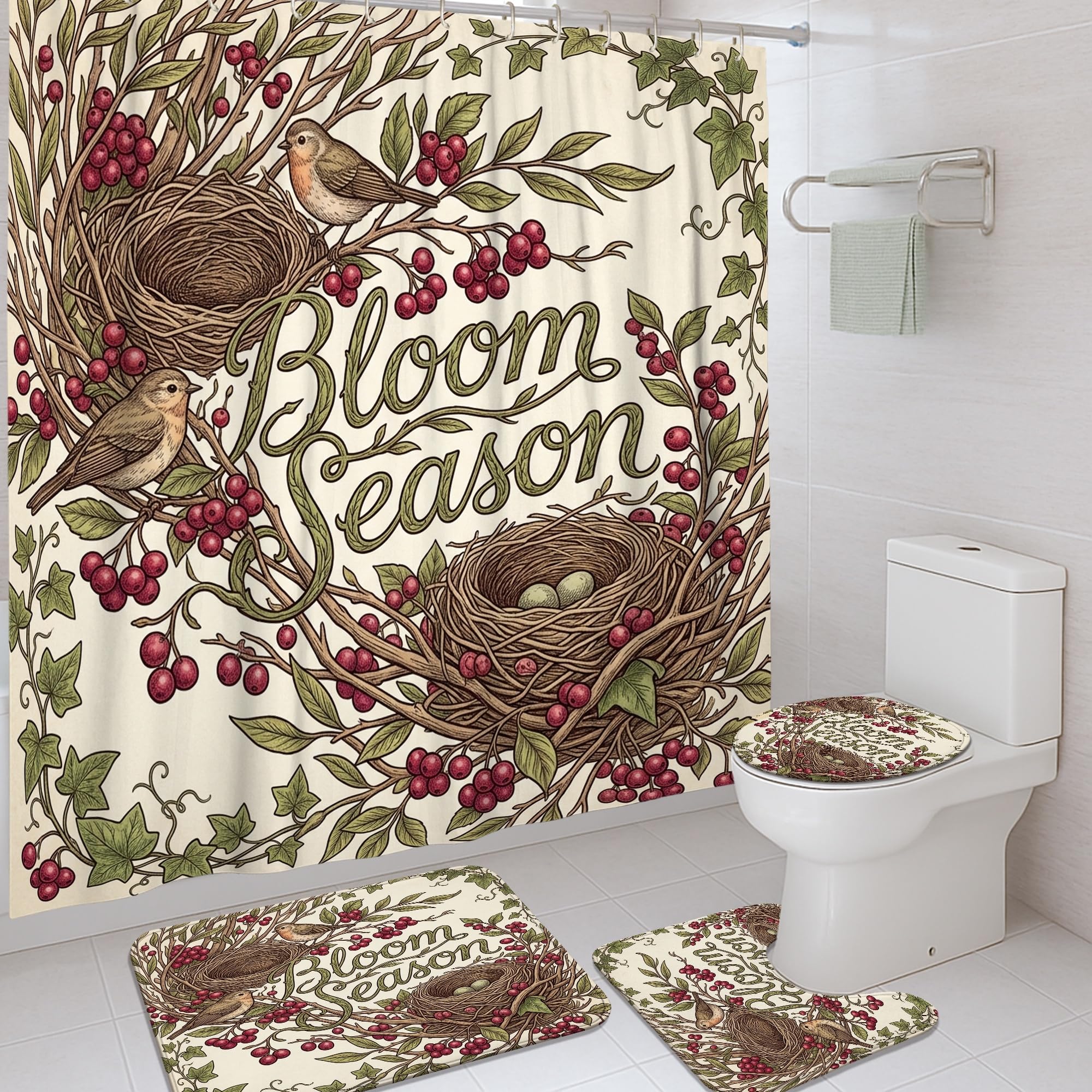 Rideau de douche anti éclaboussures pour baignoire avec motif oiseau vert et déco champêtre