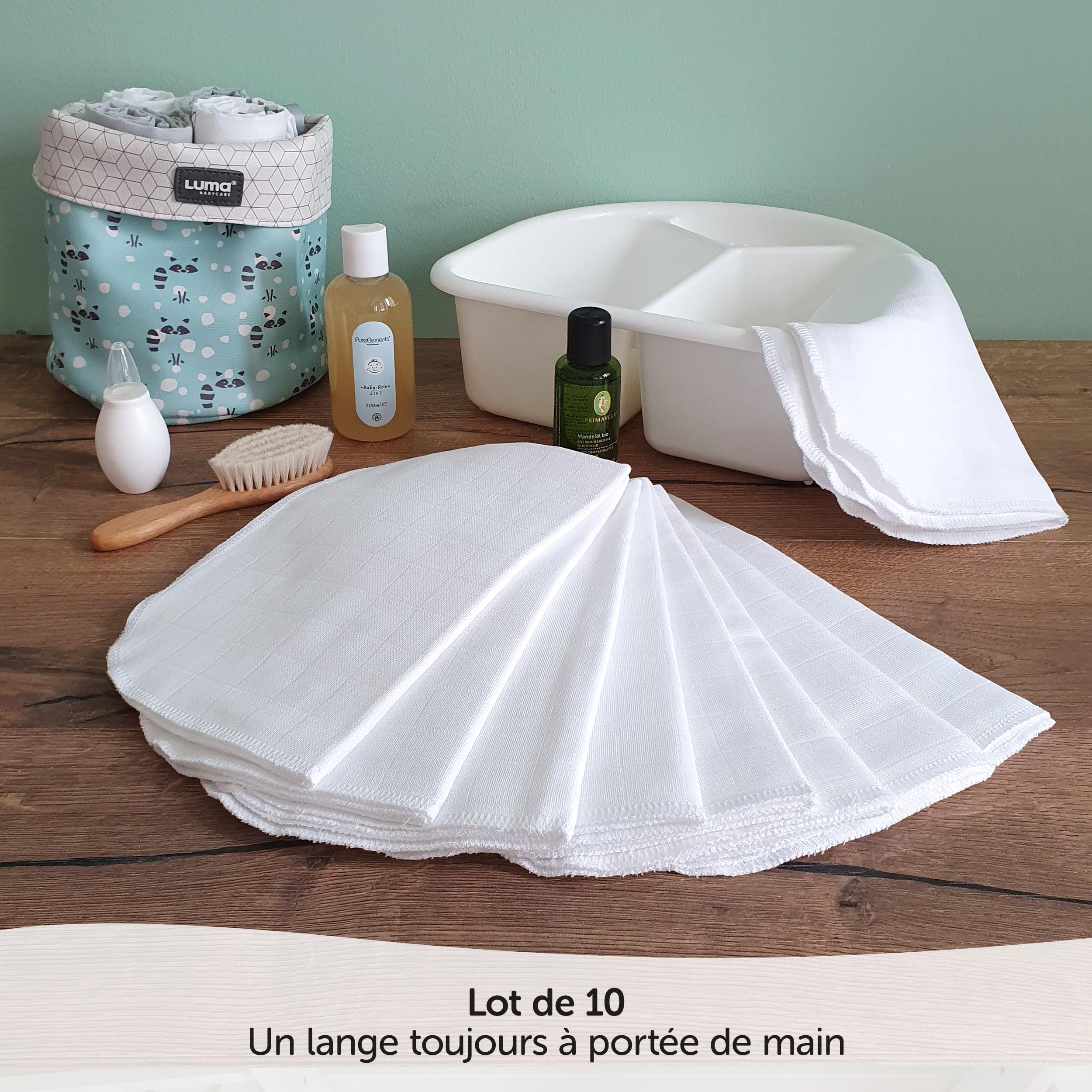 MAKIAN - Lange Bebe (Lot 10 Pièces), Débarbouillette Mousseline, 35x50 cm, 100% Coton Doux, Certifié Oeko Standard - Quatre Epaisseurs, Résistante - Blanc