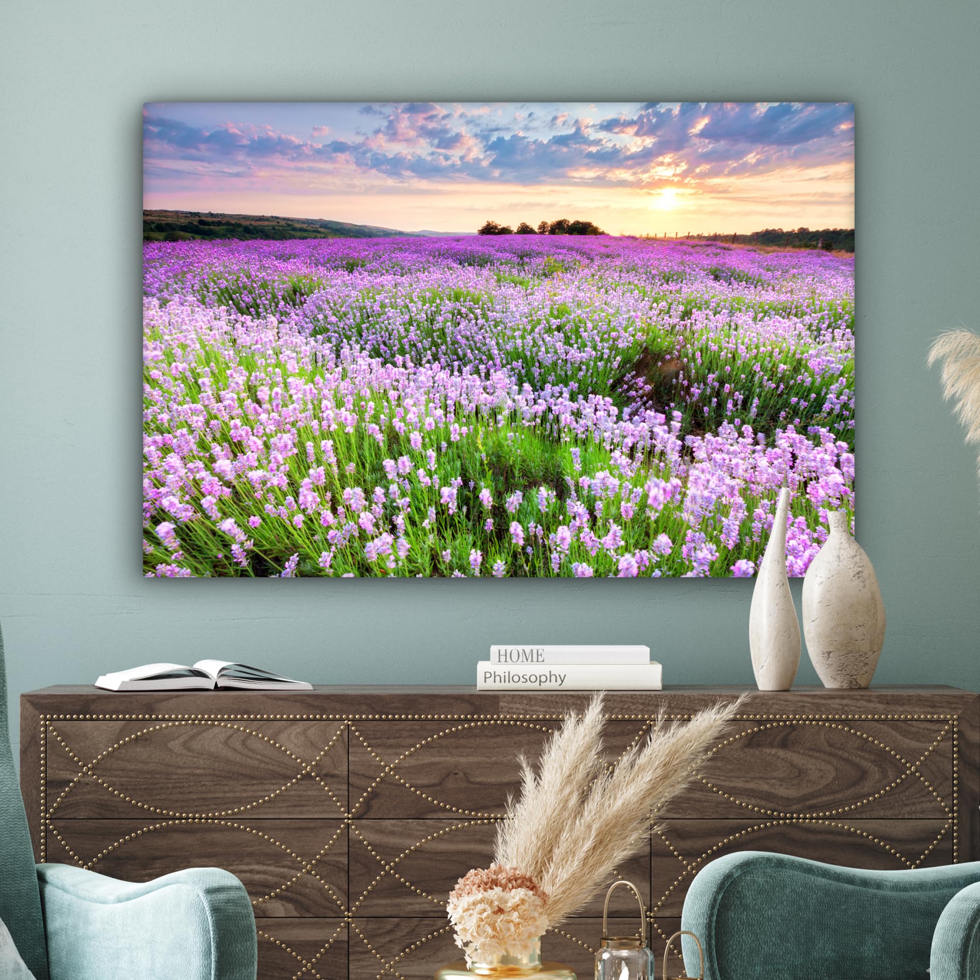 MuchoWow© Quadro su Tela 120x80 cm Stampe da Parete Quadri Cucina Camera da Letto Dipinto Arredamento Casa Fiori - Lavanda - Viola - Cielo - Tramonto - Prato - Natura
