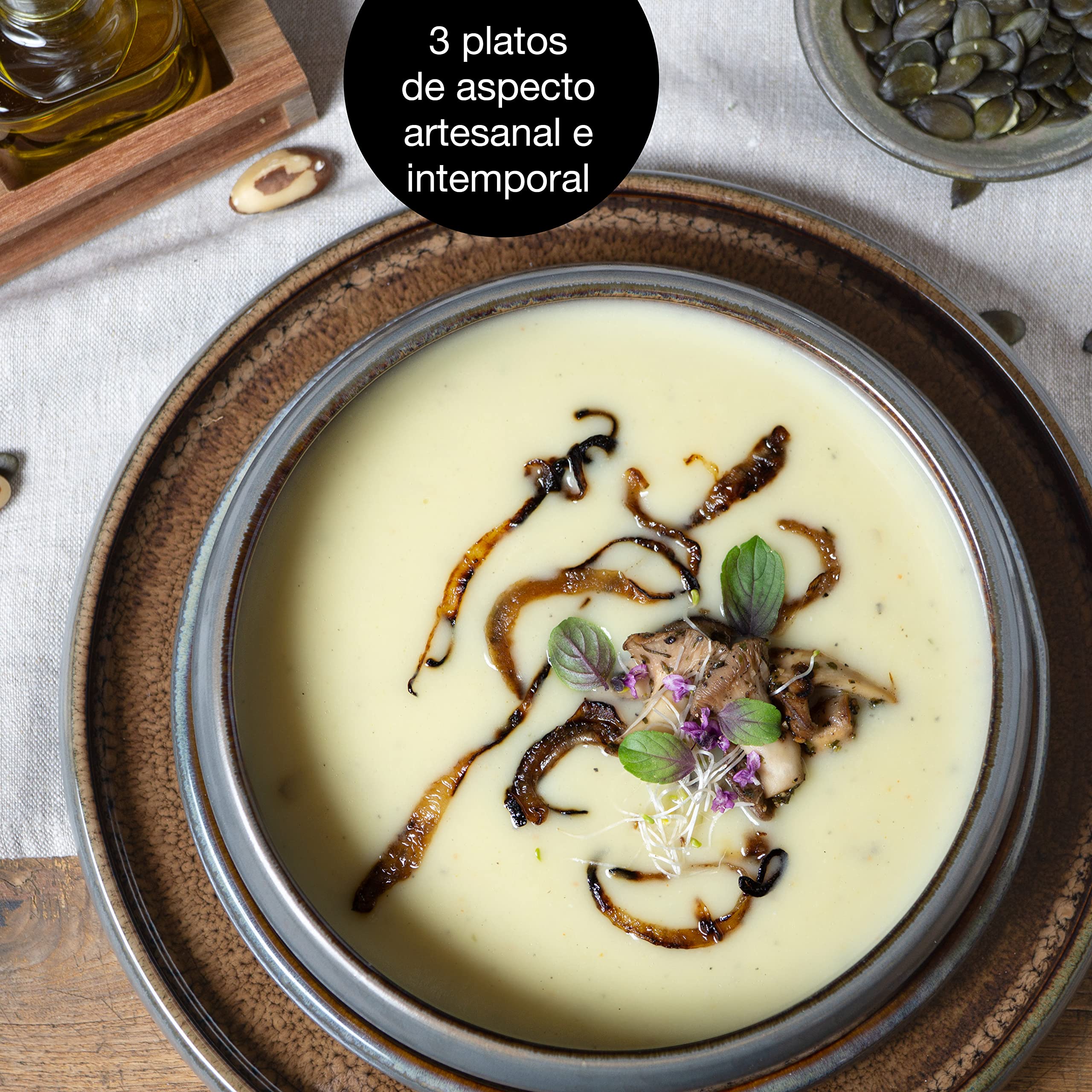 Moritz & Moritz Solid vajillas Completas de 18 Piezas - Platos vajilla marrón - 6 Platos Llanos, 6 Platos hondos, 6 Platos de Desayuno