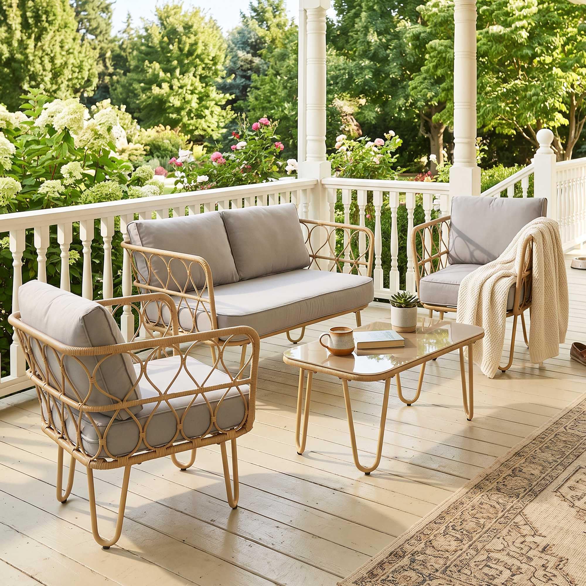 Outsunny Salotto da Giardino Rattan 4 Pezzi con Divano 2 Posti, 2 Poltrone e Tavolino con Piano in Vetro Stile Boho, Cuscini Sfoderabili, Giallo