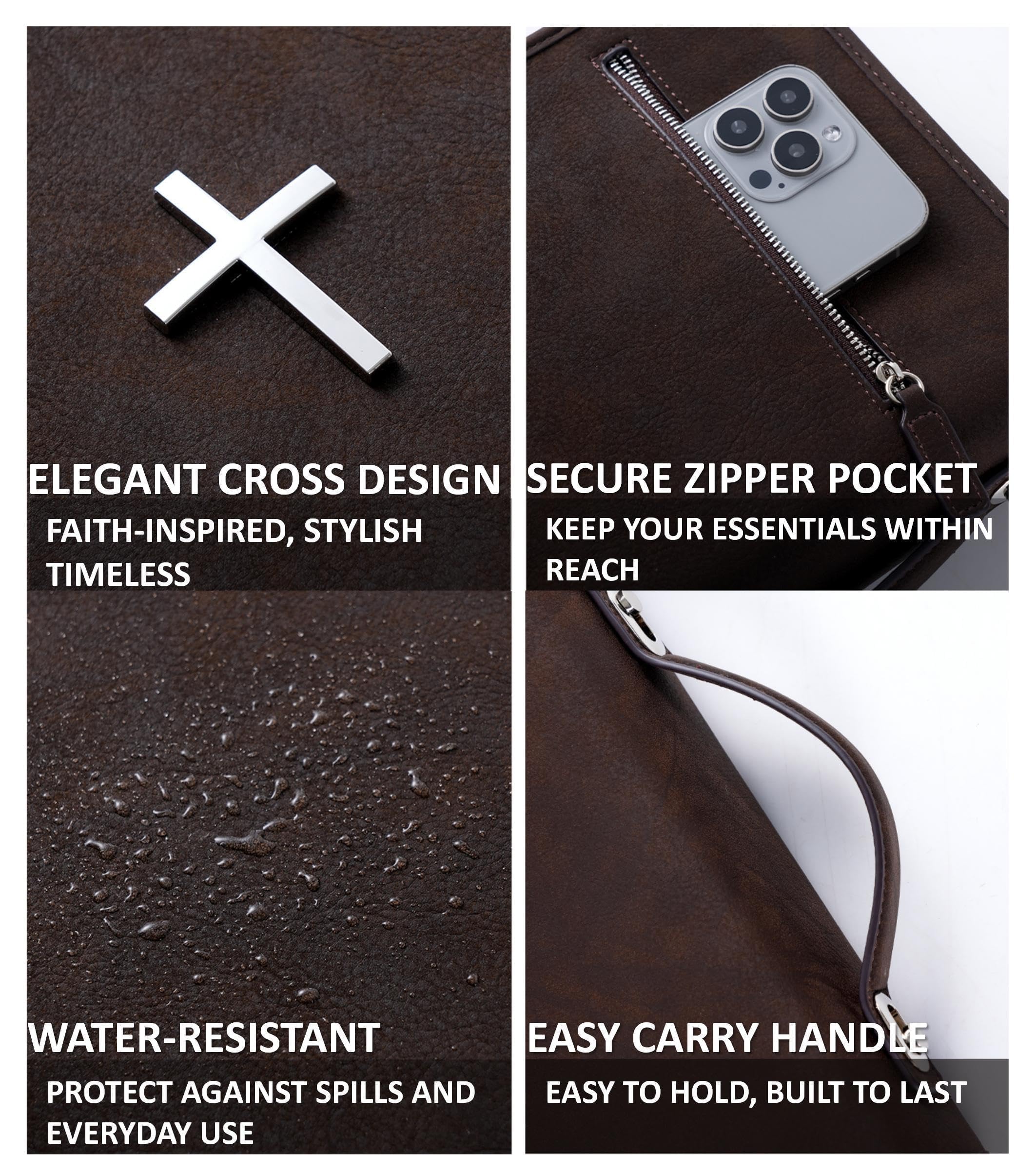 Veganes Leder Bibel Cover Case Bibeltasche mit Handytasche Bibelhülle für Männer Frauen Christliche Geschenkbox Verpackung (Braun)