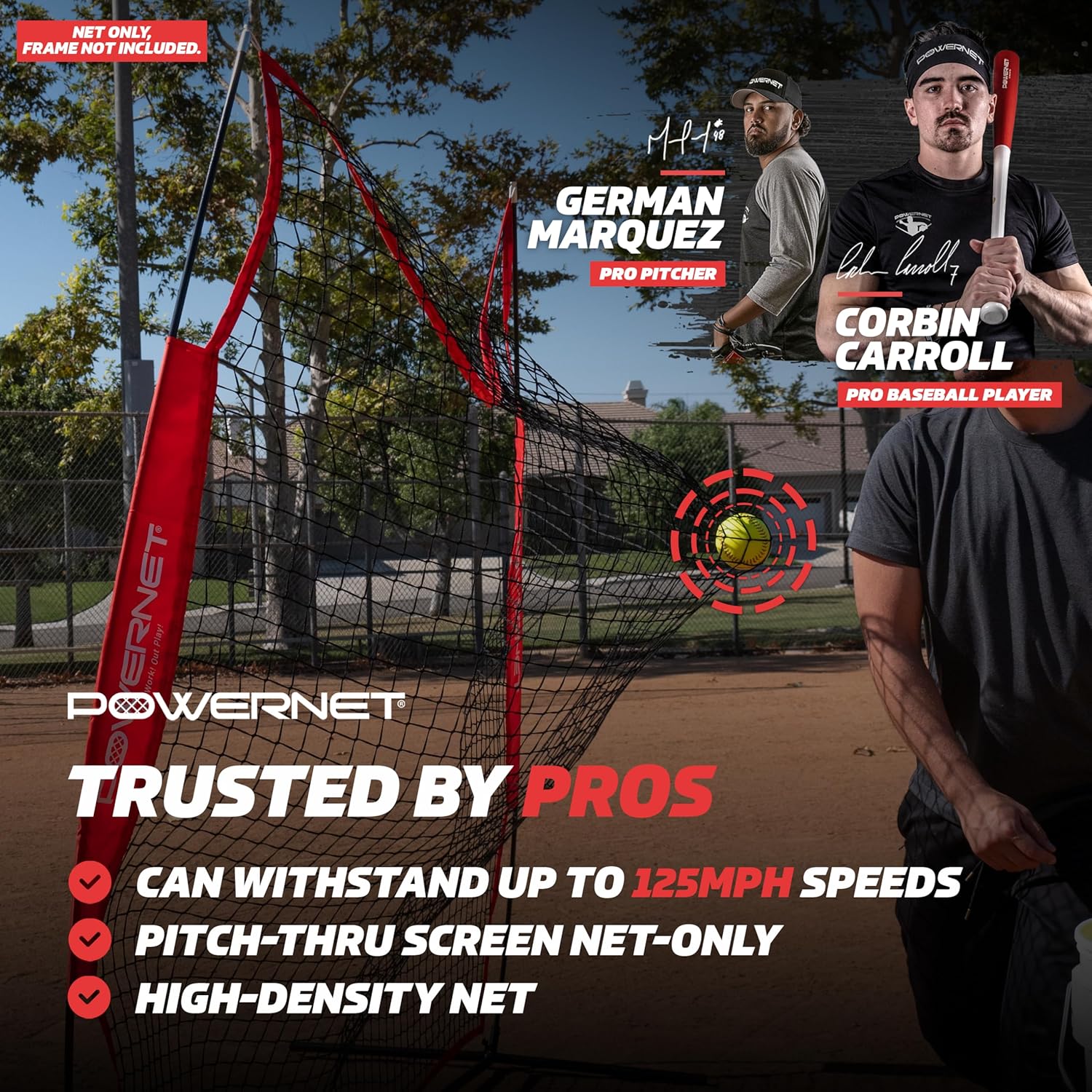 PowerNet 7x7 FT Pitch-Thru Protection Pitching Screen for Softball, 49 Sq Ft Barrier Net Only or Net + Frame, Portable Pitching & Batting Practice Net, Open Area in Net for Ball to Pass Through