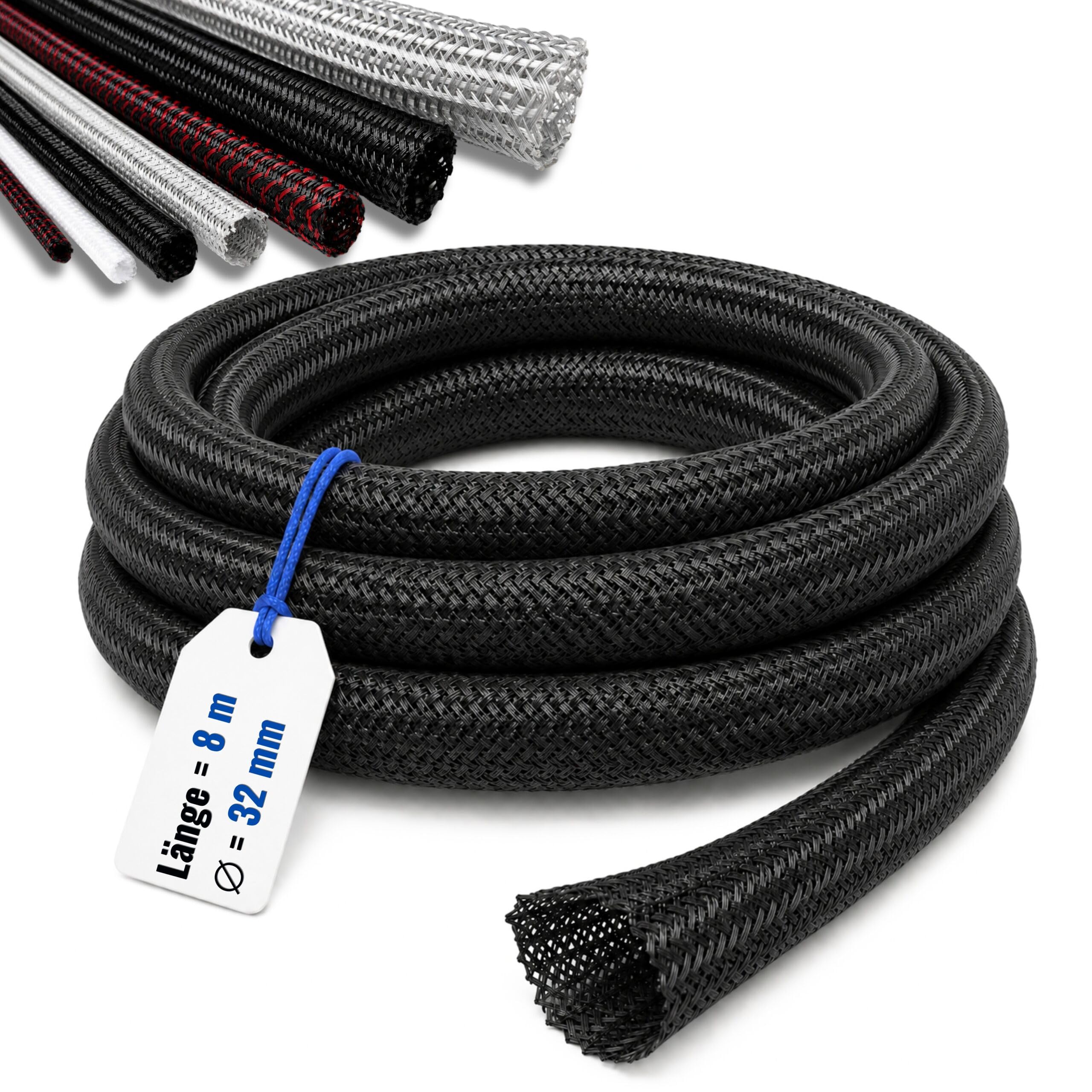COOP Gaine de câble Ø 32 mm x 8 m Noir – Tuyau en tissu autobloquant – Protection de câble découpable – Goulotte flexible – Gestion des câbles pour TV, ordinateur, home cinéma, véhicule et bureau