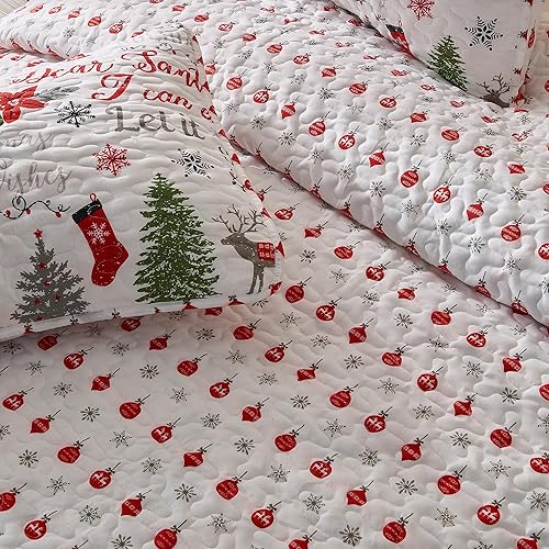 Vista 3 de Great Bay Home - Juego de edredón navideño de 3 piezas con fundas Colcha reversible con patrón navideño. Colección Carol (King)
