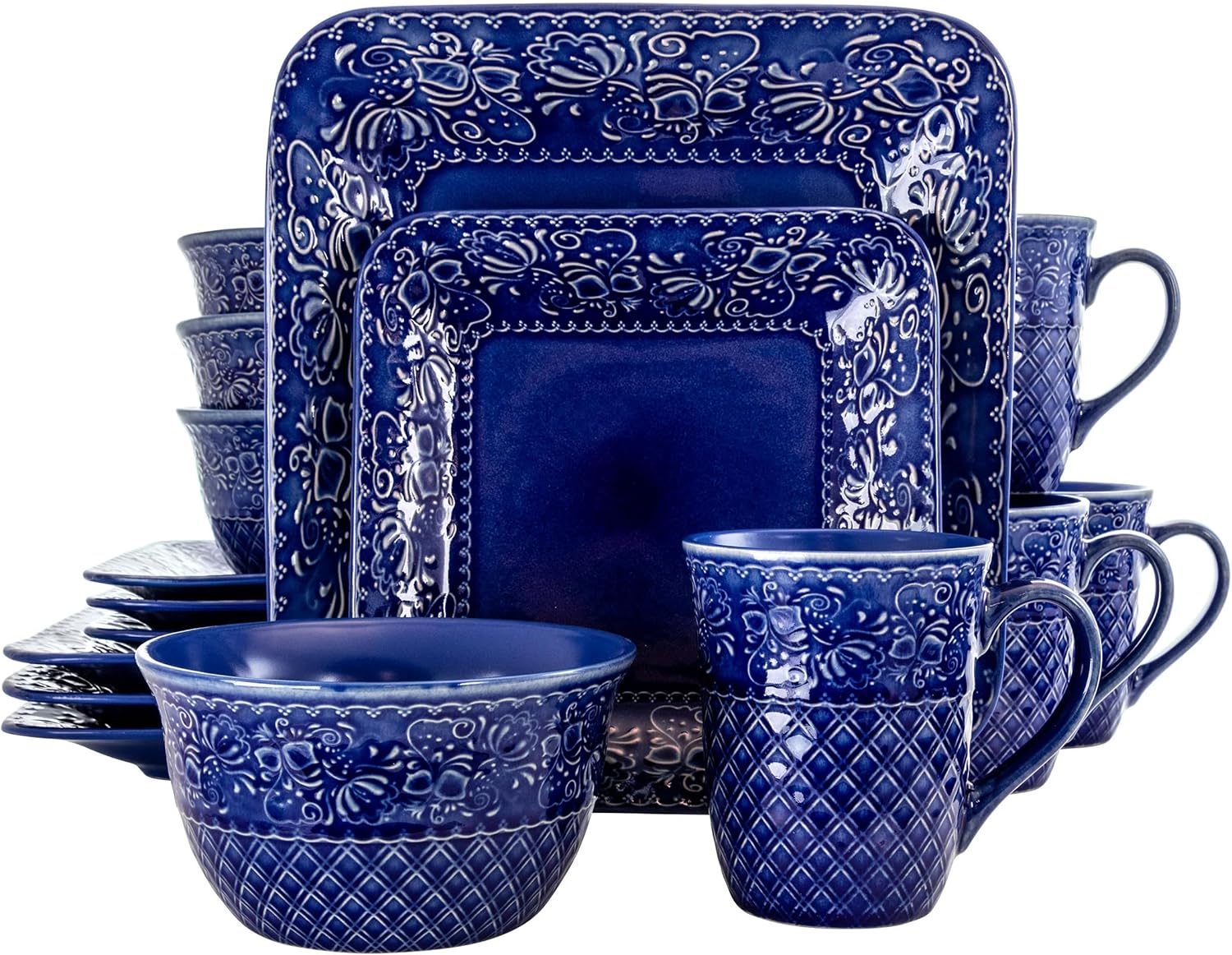 Elama Indigo Lotus 16 Piece Square Stoneware Dinnerware Set