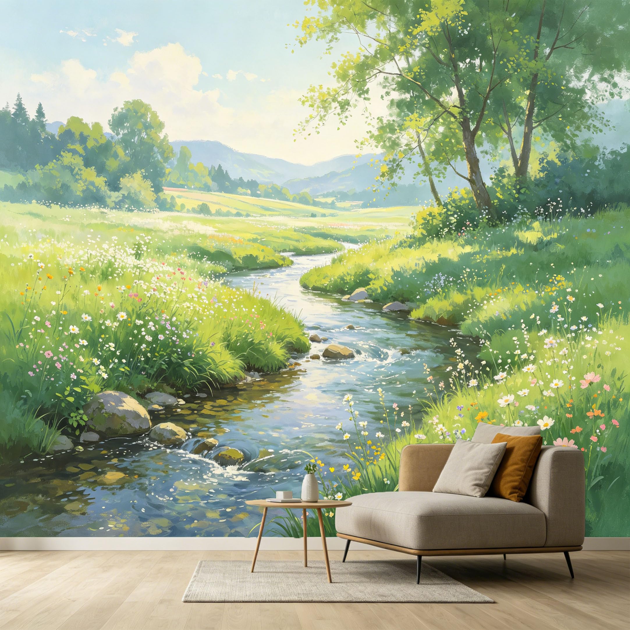 Custom Size Wall Murals Summer Meadow Stream Landscape Watercolor Painting Trees Wildflowers SelfAdhesive Wall Fabric Removable Large Wallpaper for Photo Living Room
