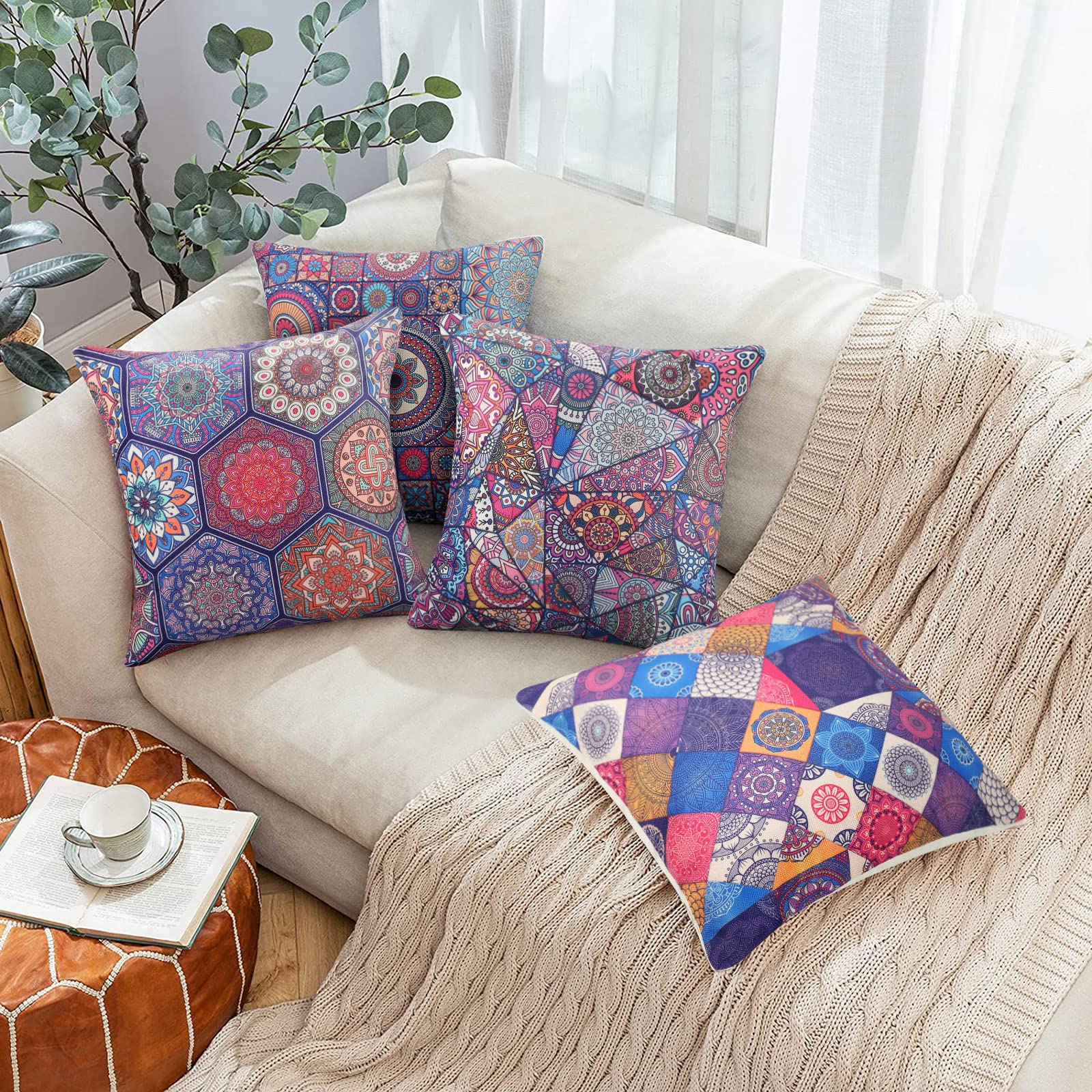 Lot De 4 Housses De Coussin Imperméables UXORSN 45x45cm - Motif Géométrique Floral Bohème Pour Canapé, Lit Et Jardin