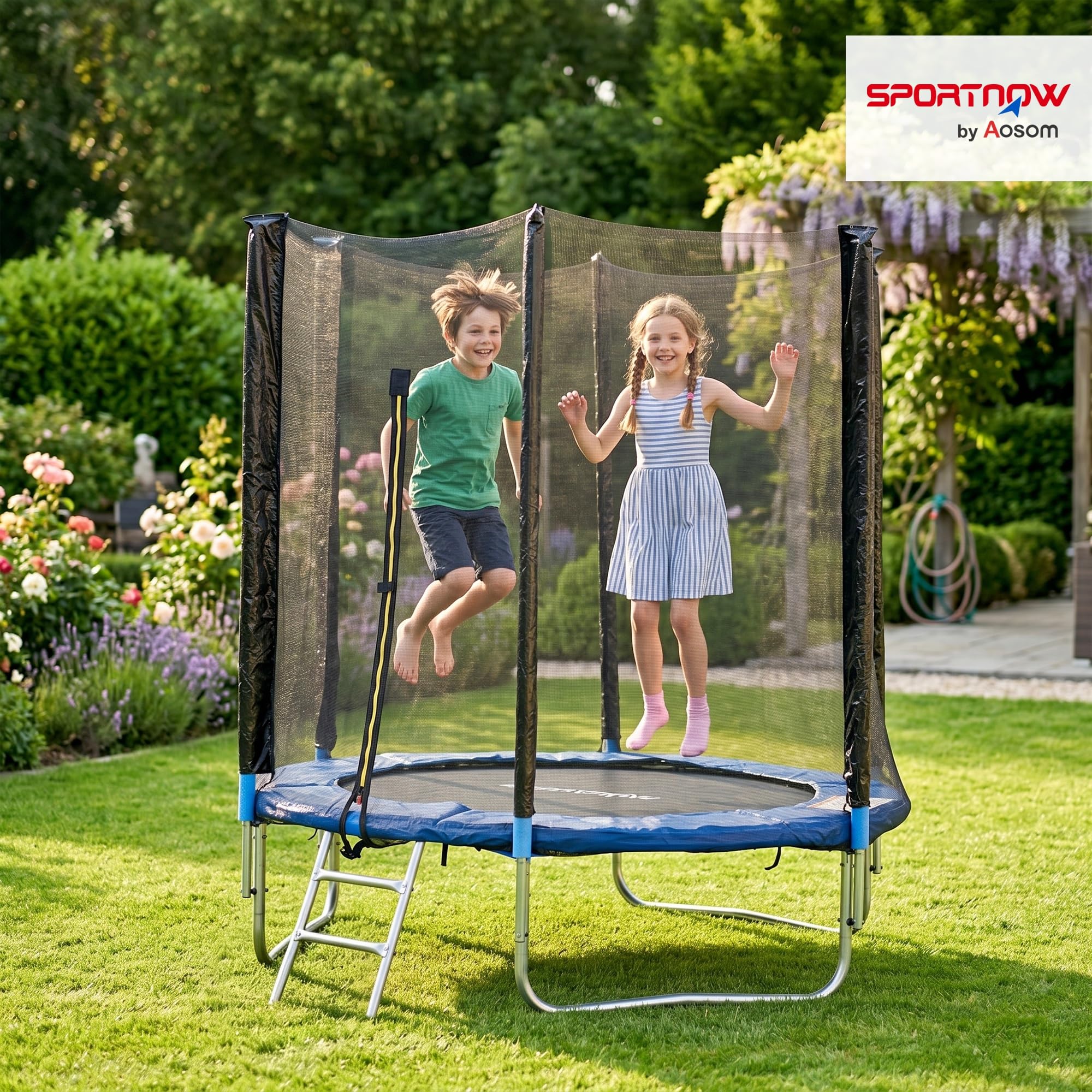 SPORTNOW Trampolino Elastico con Scaletta e Rete di Sicurezza, Tappeto Elastico in Acciaio e Plastica con 3 Gambe a U, Ø180x200 cm, Blu
