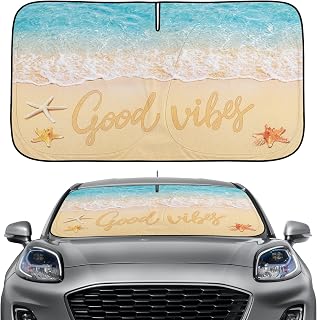 Ocean Beach Windshield Sun Shade Funny Starfish Car Shades for Front Window | Foldable Blocks Heat and UV Rays Sun Visor Protector Sunshade for Car Truck SUV 63.8''L x 33.5''W