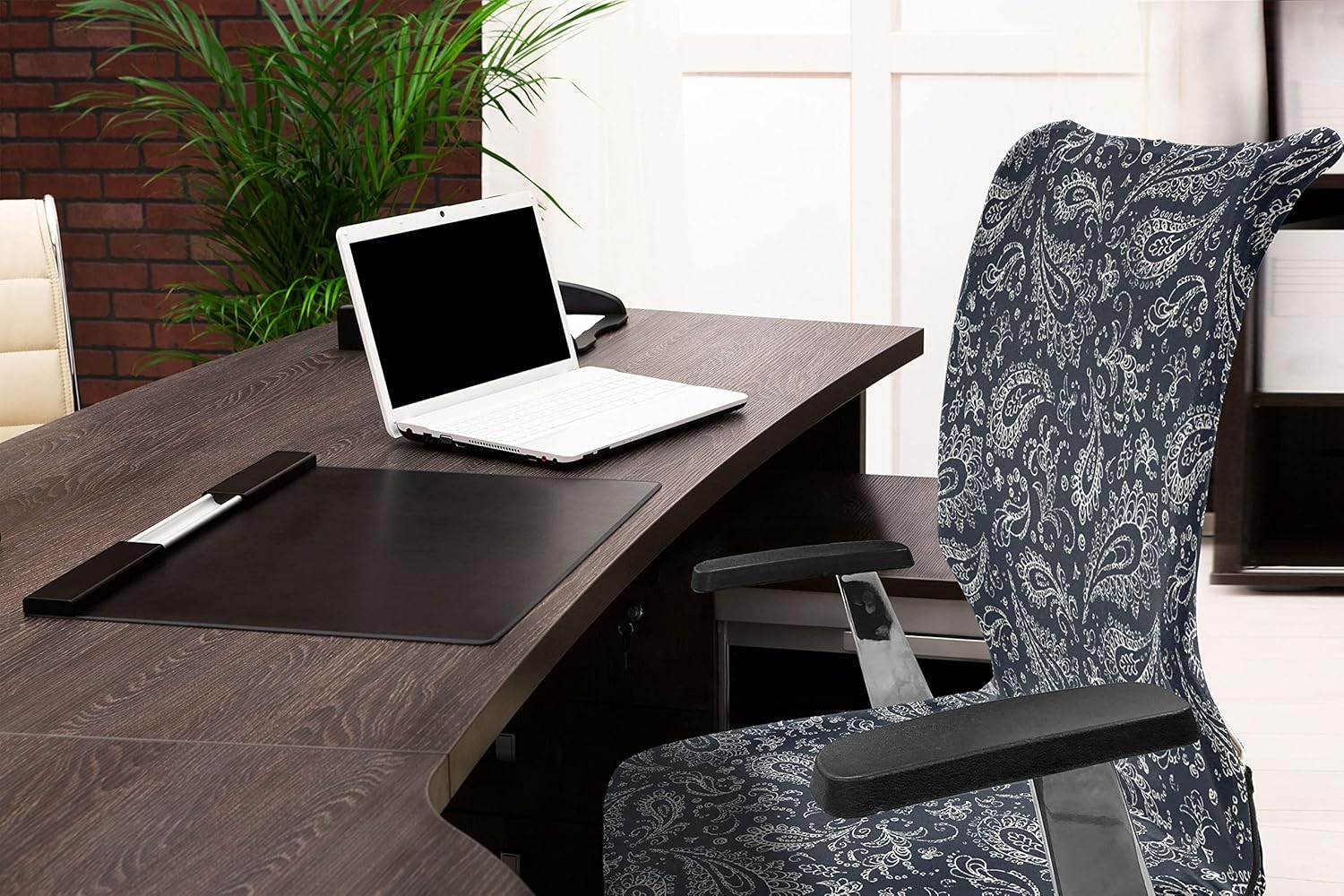Ambesonne Paisley Office Chair Cover, Vintage Ornament Bohemian Motifs with Grunge Look Hand Drawn Style Pattern, Stretchable Decorative Universal Size High Back Printed Slipcover, Blue White