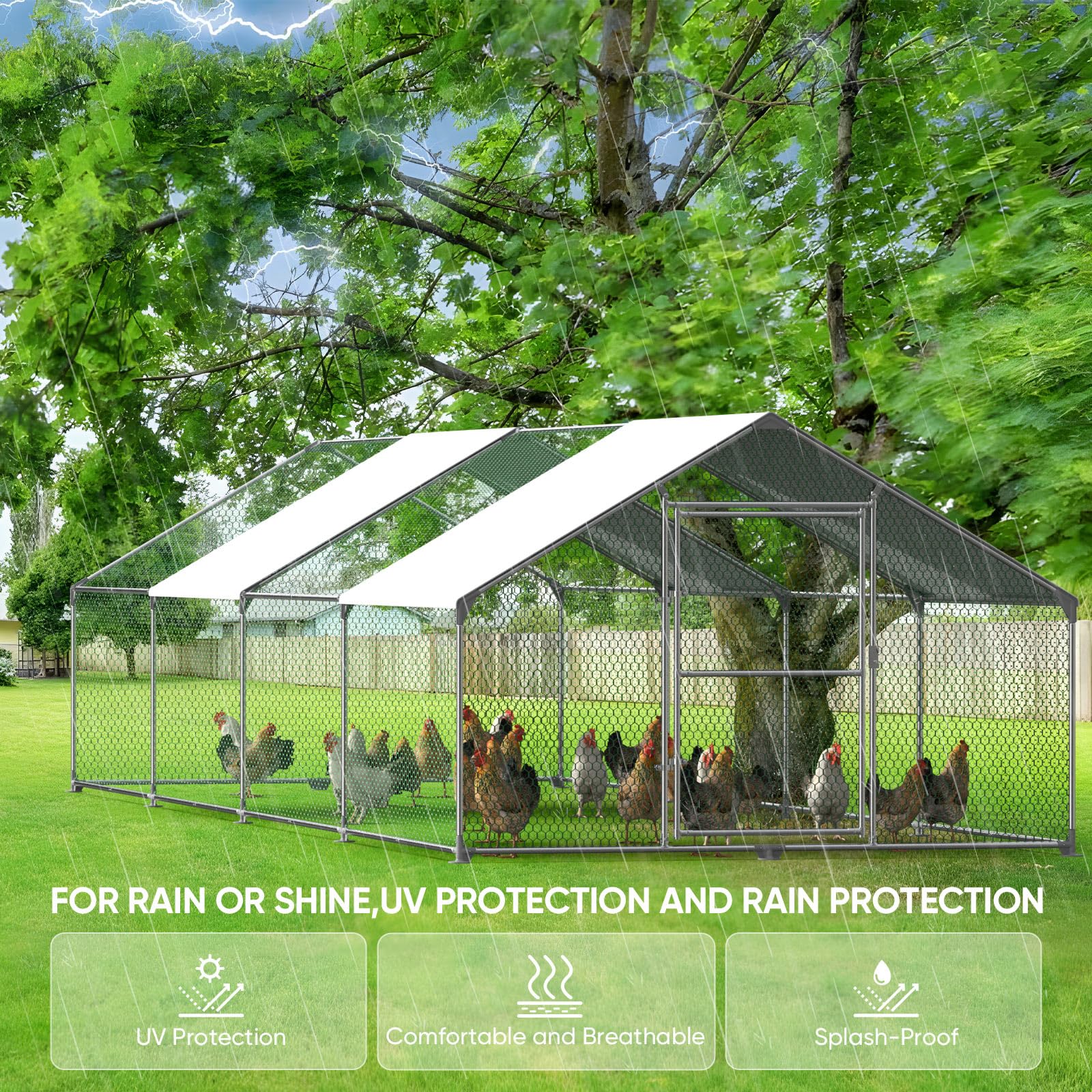 Gallinero para Exterior, Gallineros Grandes de Metal Galvanizado, Jaula para Gallinas con Candado, Gallinero Exterior con Techo de Polietileo pano ra Protección Solar, 8x3x2m