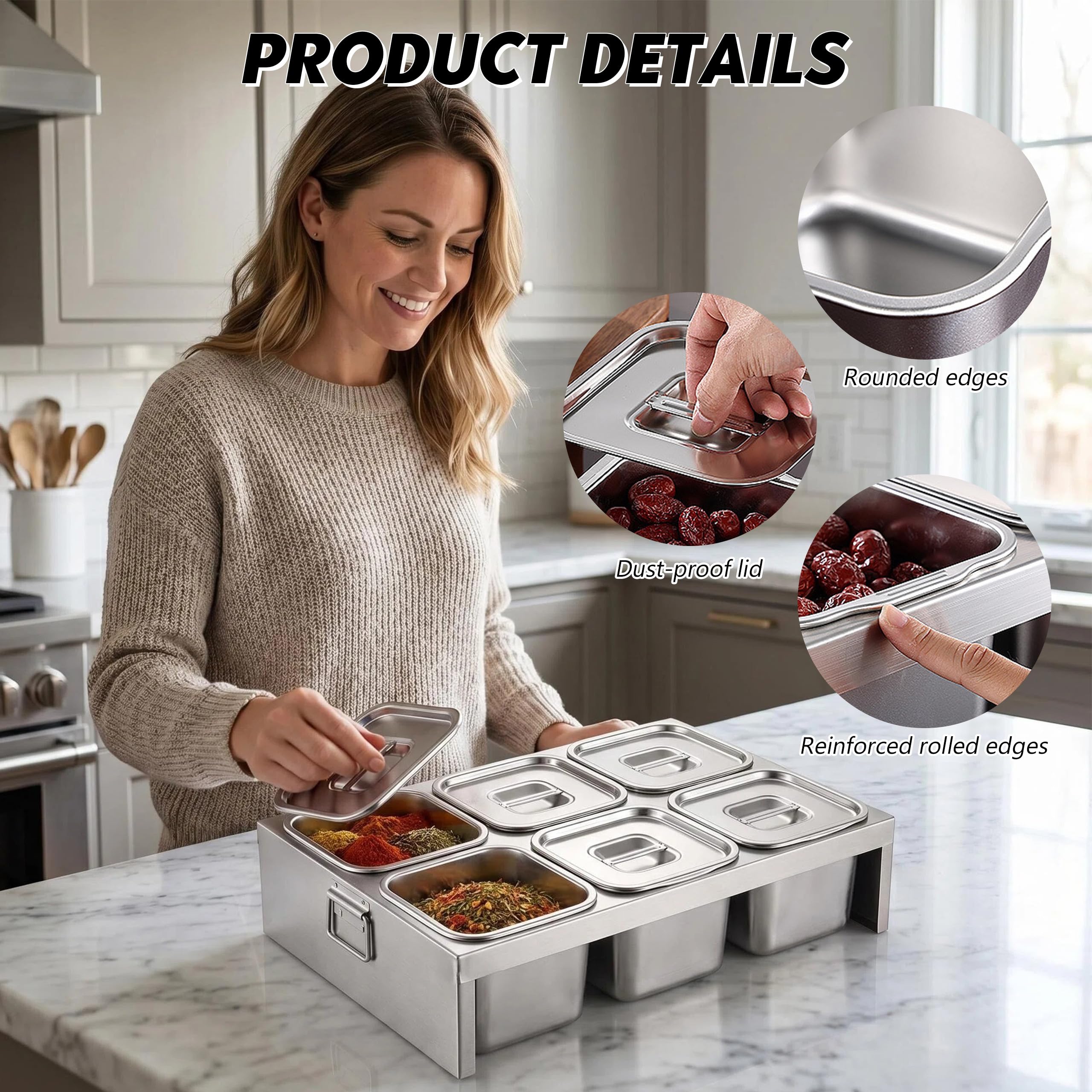 Station de garniture à pizza, récipient à ingrédients en acier | inoxydable avec couvercle et cuillère pour sauces, 6 compartiments, pour cuisine, restaurant et extérieur