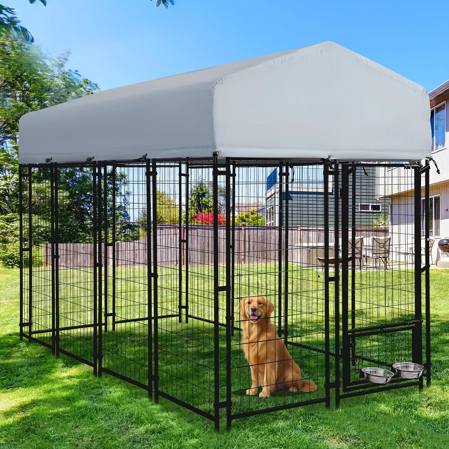 8x4x6 FT Outdoor Dog Kennels for Large Dogs, Heavy Duty Welded Wire Steel Outside Dog Kennel with Roof, Dog Pens with 2 Rotating Dog Bowls, Dog Playpen Fence with Secure Lock for Backyard
