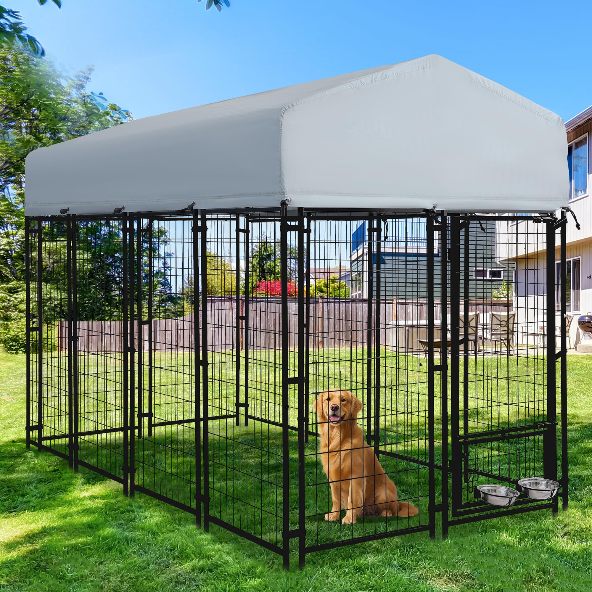 GIODIR 8x4x6 FT Outdoor Dog Kennels for Large Dogs, Heavy Duty Welded Wire Steel Outside Dog Kennel with Roof, Dog Pens with 2 Rotating Dog Bowls, Dog