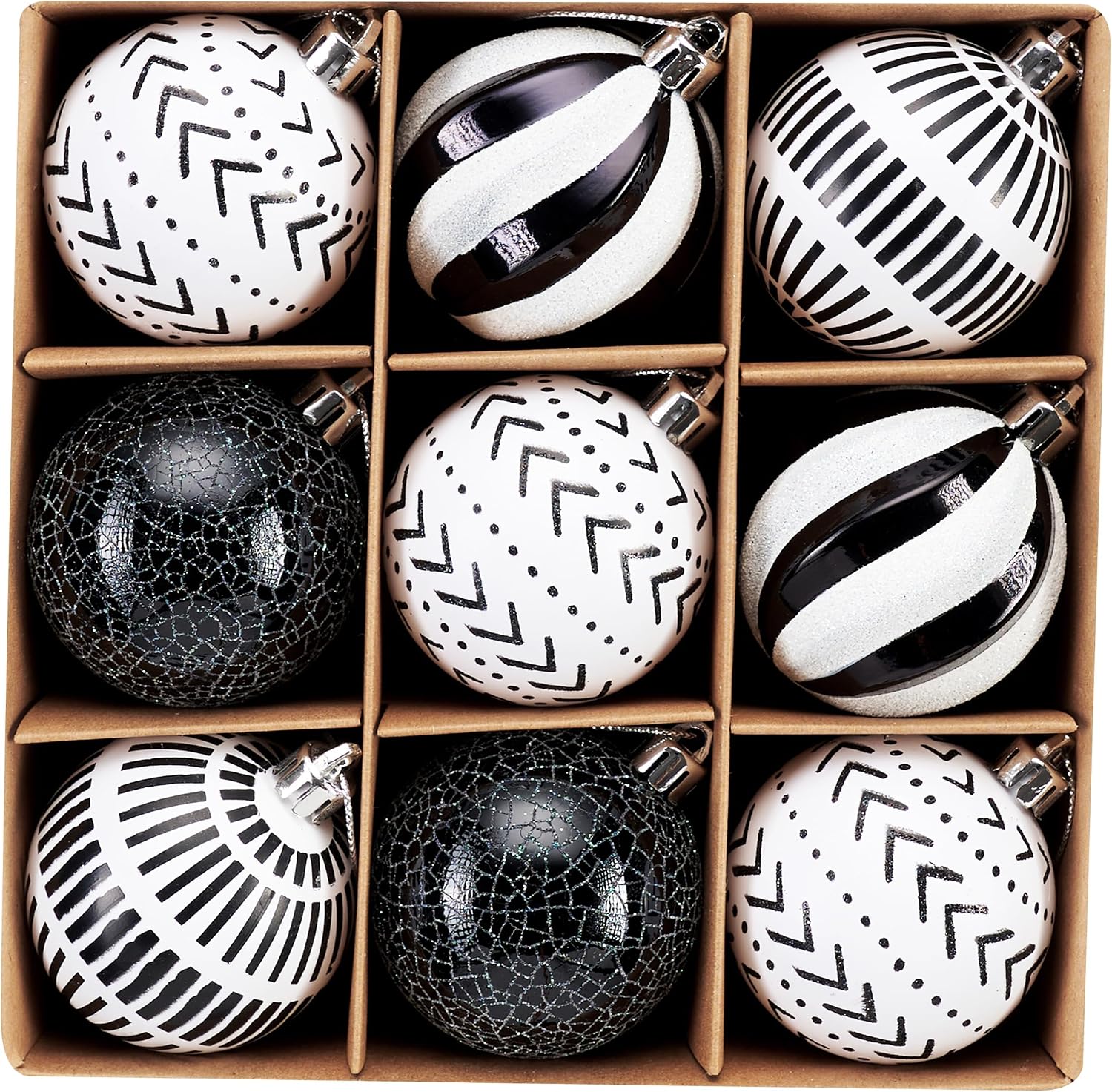 DecorbyHannah Christmas Tree Ornaments Decorations, 9ct 2.36 inches Black White Boho Christmas Ornaments Set, Shatterproof Plastic Hanging Ball Bulk for Xmas Home Indoor Party Table Decor
