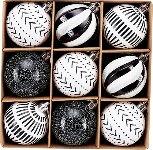 DecorbyHannah - Adornos para árbol de Navidad, 9 unidades de 2.36 pulgadas, juego de adornos de Navidad bohemios en blanco y negro, bolas colgantes