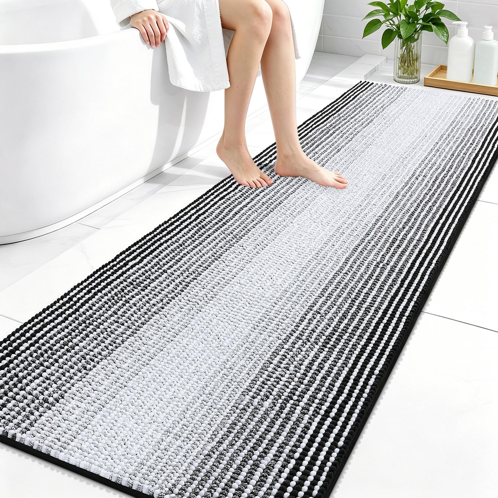 OLANLY Bathroom Runner Rugs 70x24, Soft Chenille Striped Bath Rugs, Black