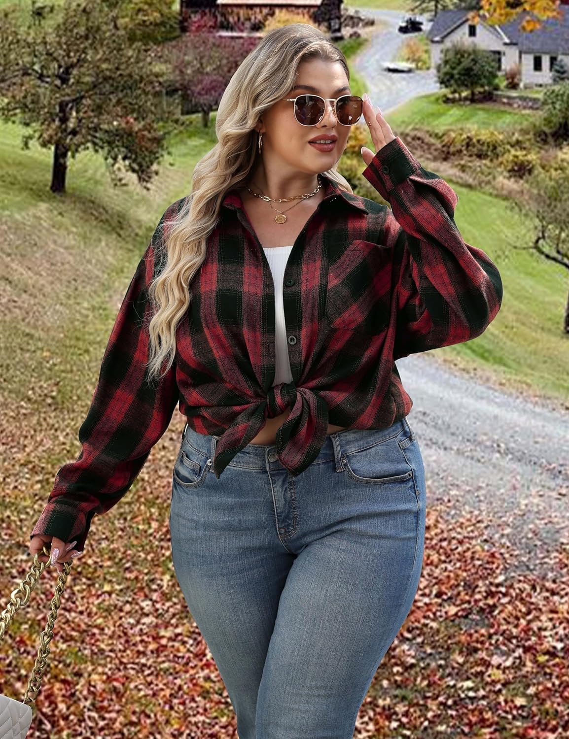 Womens Plus Size Buffalo Plaid Flannel Shirt Long Sleeve Collar Button Down Blouses Loose Lightweight Tops - Image 2