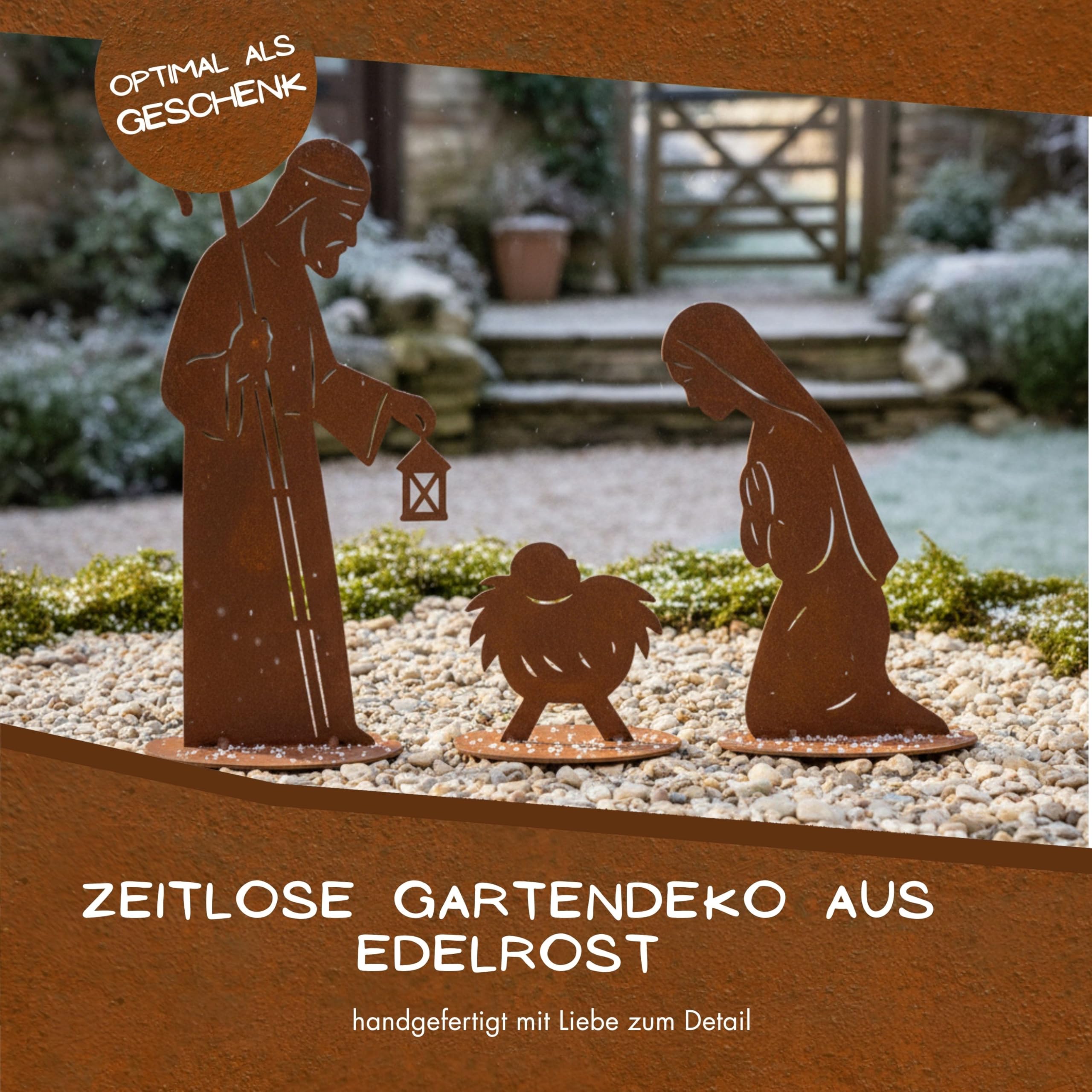 Rostikal Weihnachtskrippe XXL 3-teilig – Edelrost Krippe aus Metall mit Laterne, Maria Josef & Jesus – wetterfeste Gartendeko Weihnachten auf Standplatten, handgefertigt in Bayern