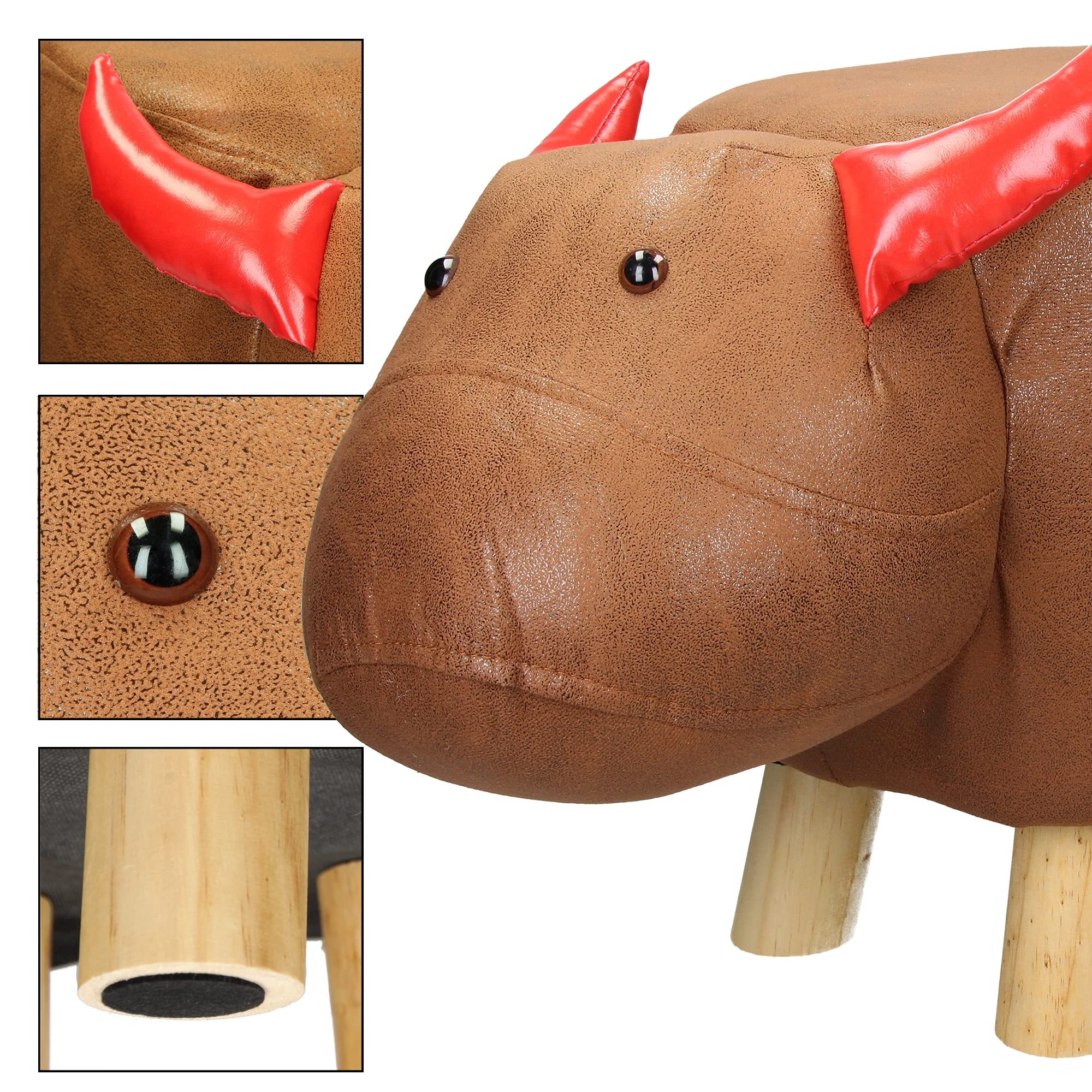 Poggiapiedi Sgabello per Bambini a Forma di Vitello 68 x 30 x 37 cm Marrone e Rosso in Pelle Sintetica Pouf Imbottito con Gambe in Legno Massello Ottomano per Soggiorno e Camera Bambini