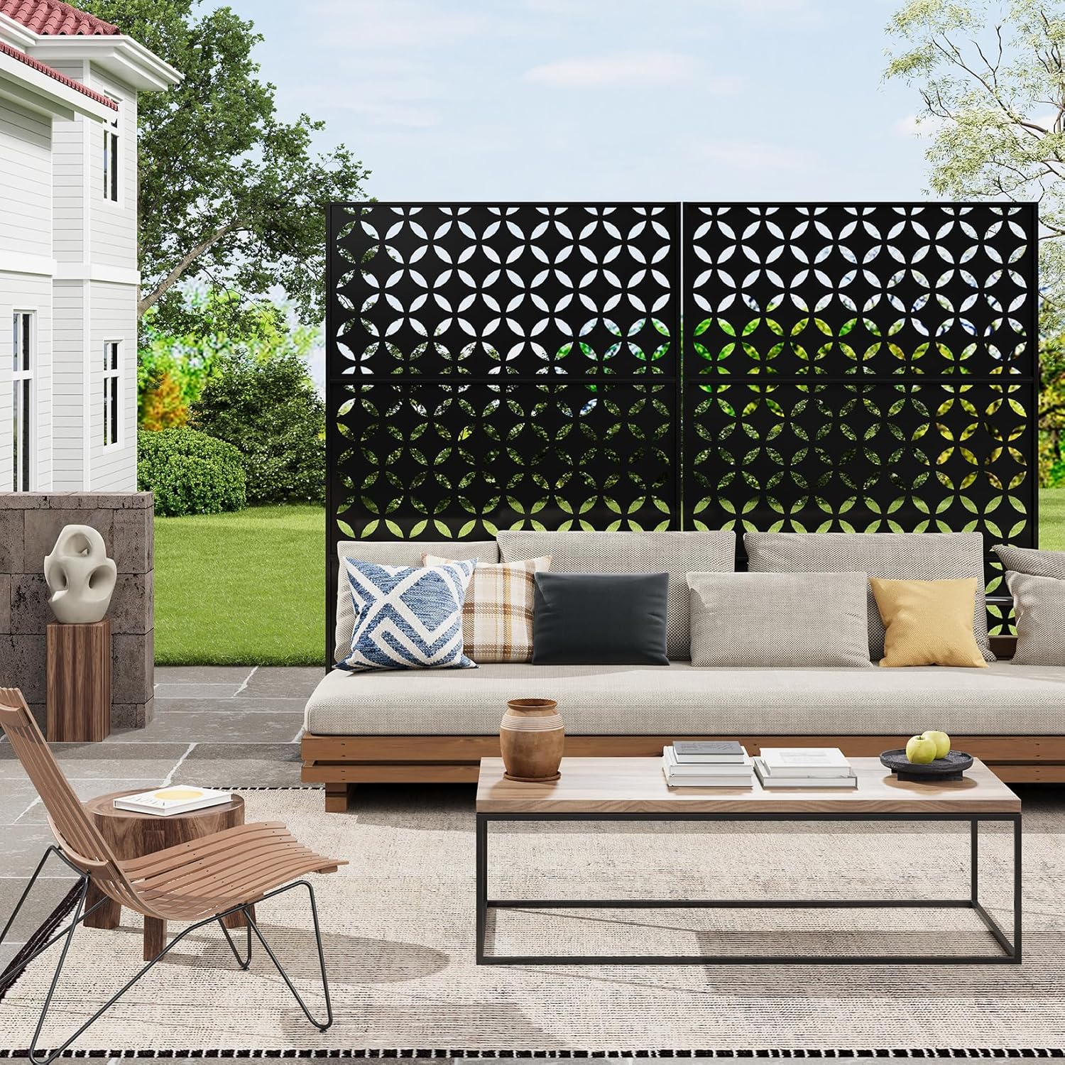 72" h × 47" w Outdoor Privacy Screen, Laser Cut Metal Garden Divider Panel with Tropical Leaf Design, Freestanding Weatherproof Privacy Fence for Patio Deck Backyard Balcony