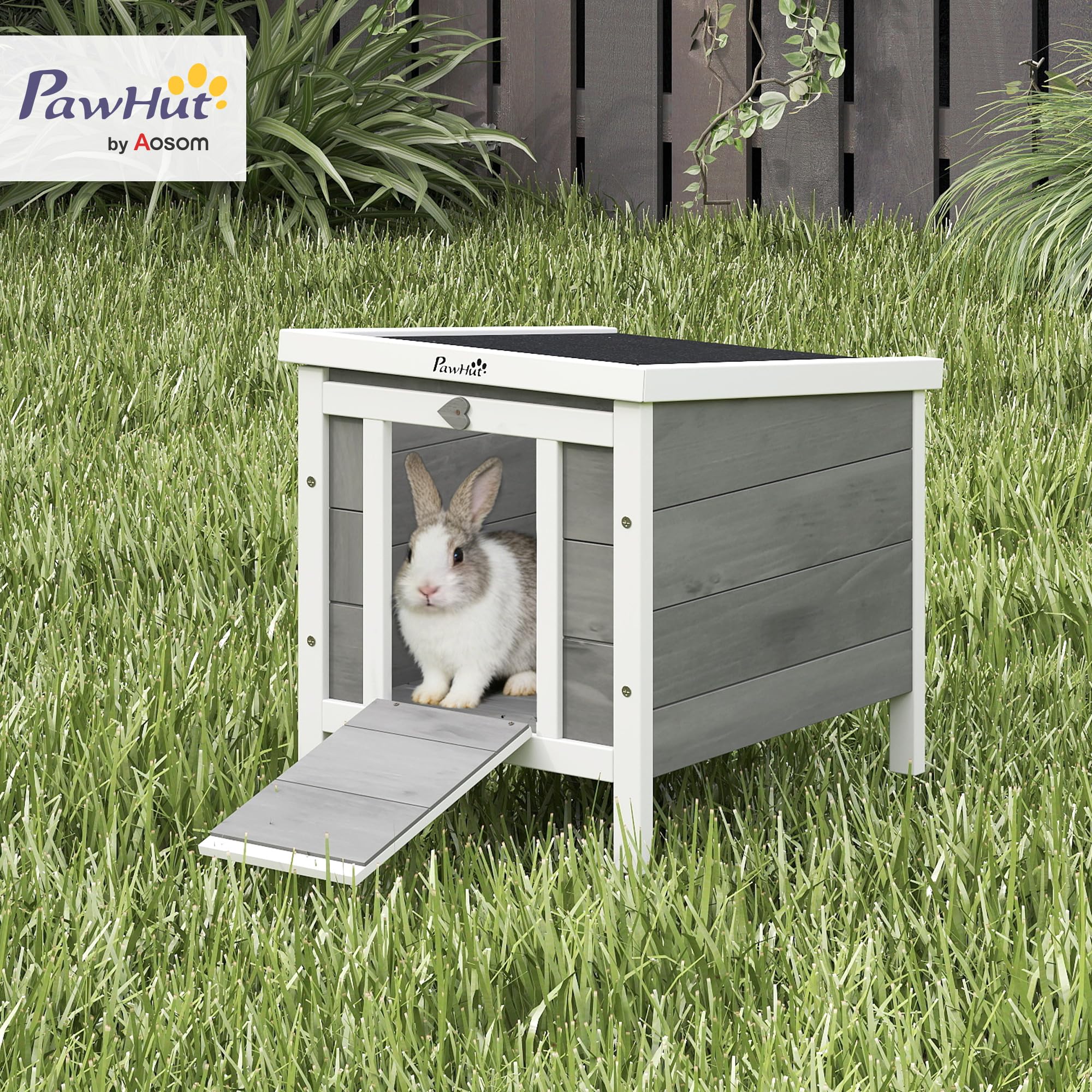 PawHut Conejera de Madera Exterior Jaula Caseta para Roedores Mascotas Pequeñas con Techo Asfáltico Se Puede Abrir y Rampa Antideslizante 42x51x43 cm Gris
