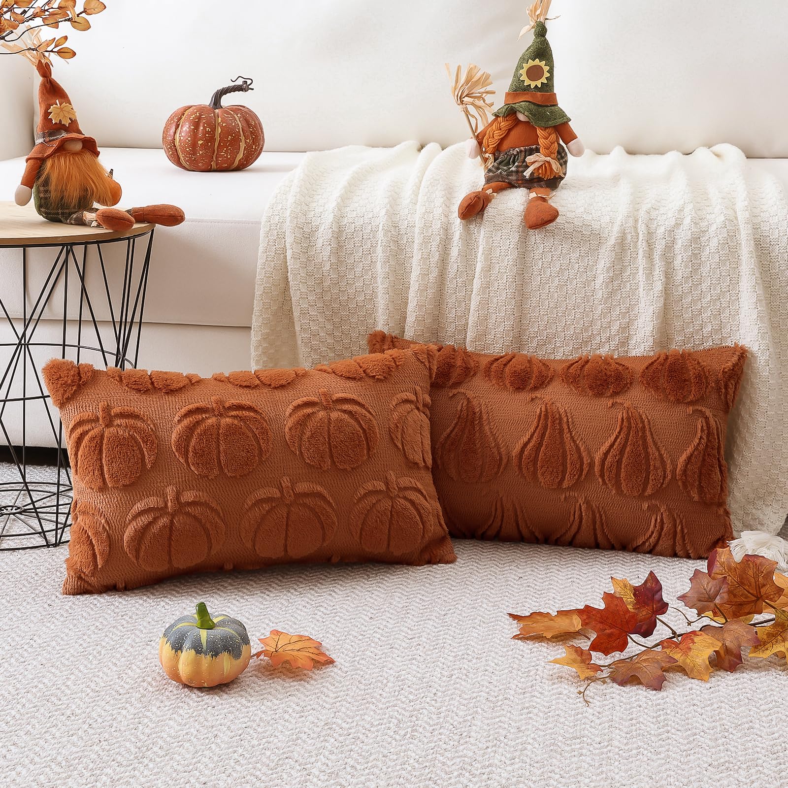 Artscope Fall Cushion Covers Set of 2 Two Types of Pumpkins Throw Pillow Covers for Sofa Couch Bed Living Room Soft Plush Short Wool Velvet Farmhouse Pillowcases for Halloween 30x50cm Rust - Image 6