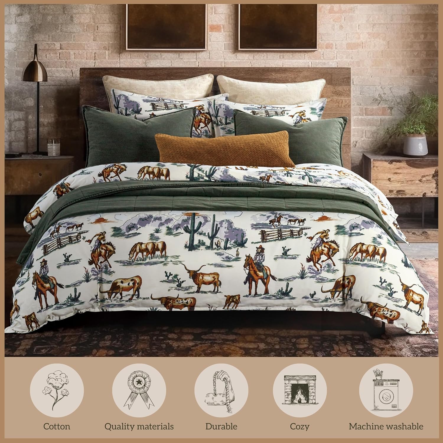 Paseo Road Ranch Life Western Bedding, 3 Piece King Size Cotton Comforter Set, Green Longhorn Horse Cow Cowboy Print Western Comforter Set, Soft Cozy Rustic Southwestern Bedding with Pillow Shams