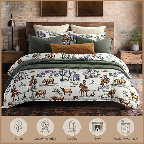 Miniatura 6 de Paseo Road Ranch Life Western Bedding, Juego de edredón de 2 piezas tamaño Twin de algodón, juego de edredón occidental con estampado de caballo de