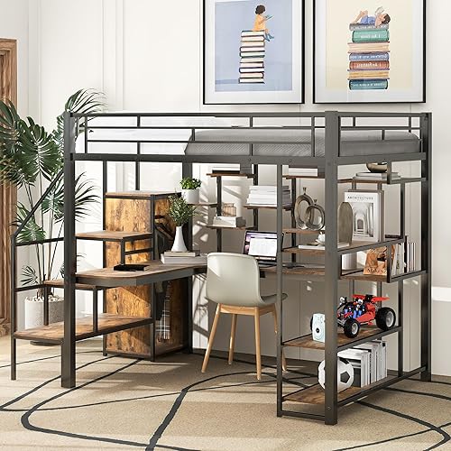Full Size Loft Bed with Stairs and Desk, Metal Loft Bed Frame with Storage Shelves and Small Wardrobe, Heavy-Duty Loft Bed for Adults Teens and Kids, Black
