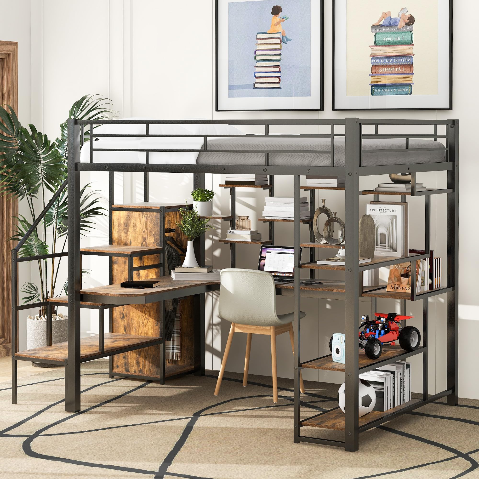 Luckiofvonne Full Size Loft Bed with Stairs and Desk, Metal Loft Bed Frame with Storage Shelves and Small Wardrobe, Heavy-Duty Loft Bed for Adults Teens and Kids, Black