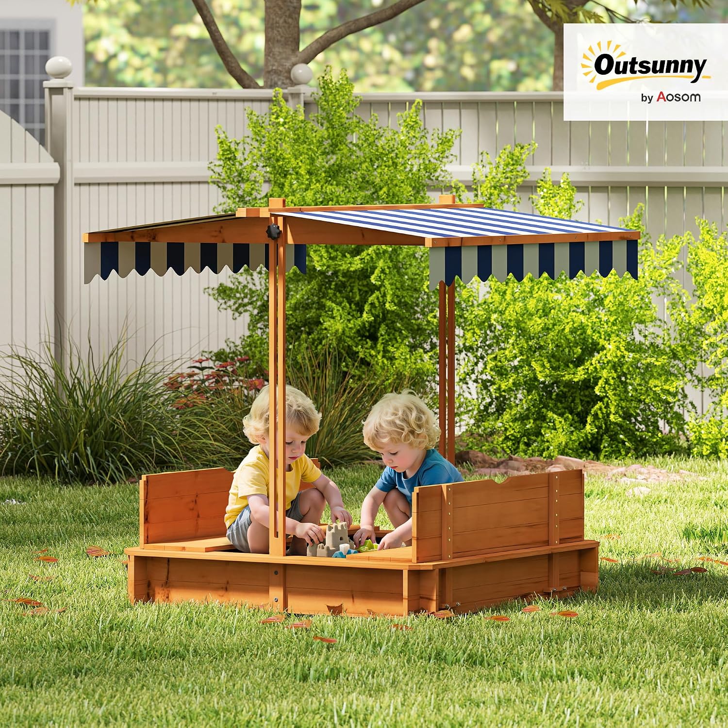 Outsunny Wooden Sandbox with Lid, Kids Sandbox with Canopy Outdoor, Sand Box with Foldable Bench Seats and Sand Protection, Bottom Liner Included, Kids Gift for Aged 3-7, 47X47 in, Red