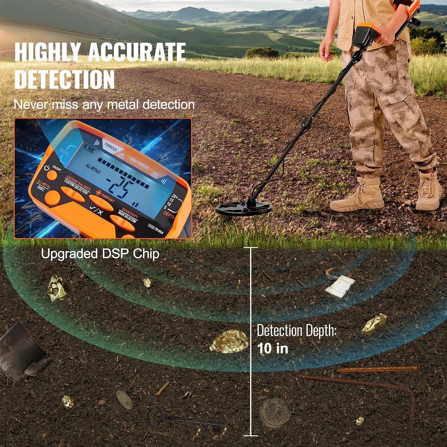 Detector de Metales Profesional Mango de 99-127 cm Detector Recargable Bobina de Búsqueda 30 cm Pantalla LCD IP68 Impermeable 7 Modos DSP Chip Auriculares Bluetooth para Búsqueda de Monedas Oro