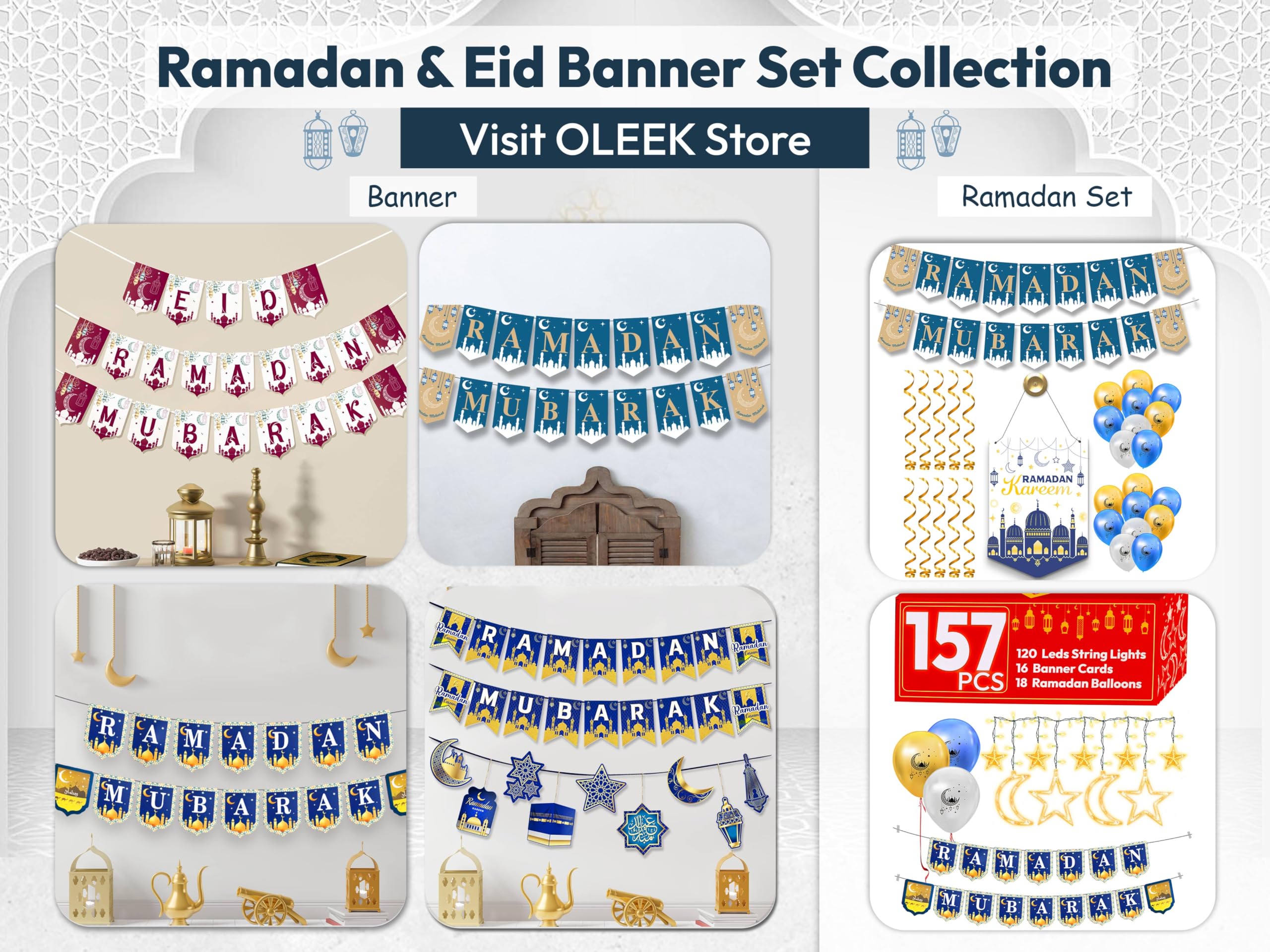 OLEEK Ramadan dekoracje do domu 2025 zestaw (wieniec ramadanu, 2 banery ramadanowe, balony ramadanowe), dekoracja ramadanu, prezenty z ramadanu, dekoracje ramadanowe, banery