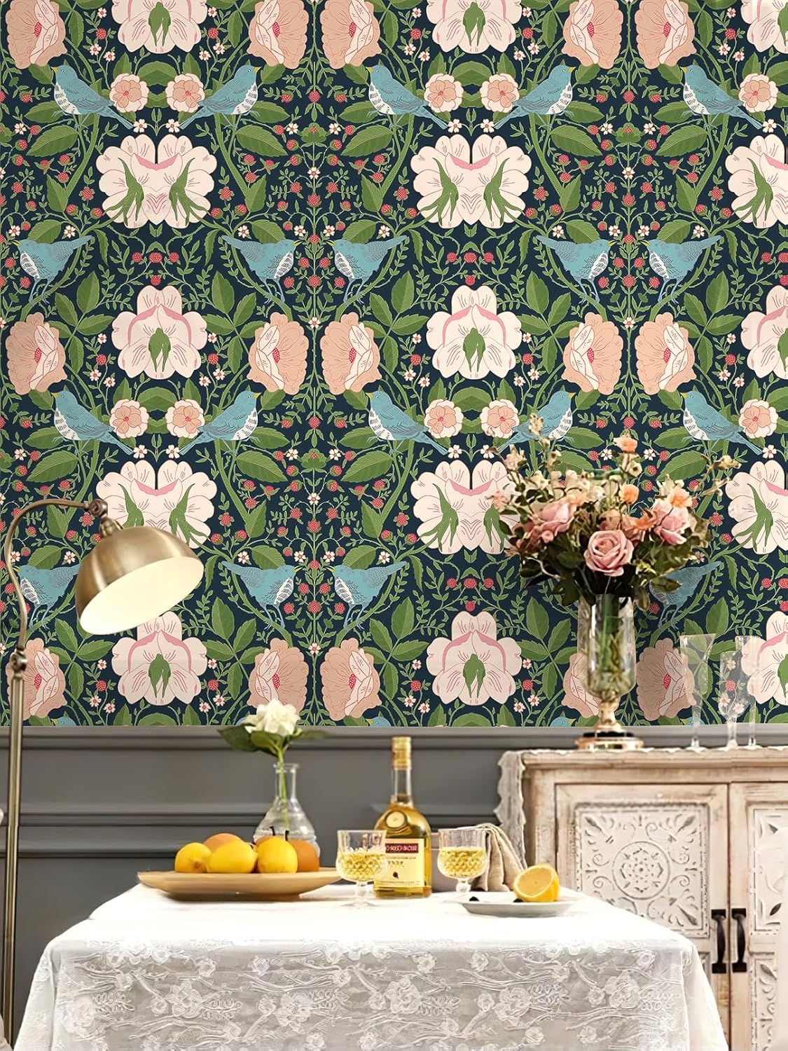 Vintage Floral Peel and Stick Wallpaper Strawberry Bird Self Adhesive Wallpaper for Bedroom Removable Renter Friendly Stick on Wallpapers Floral Contact Paper 17.5 x 118 in