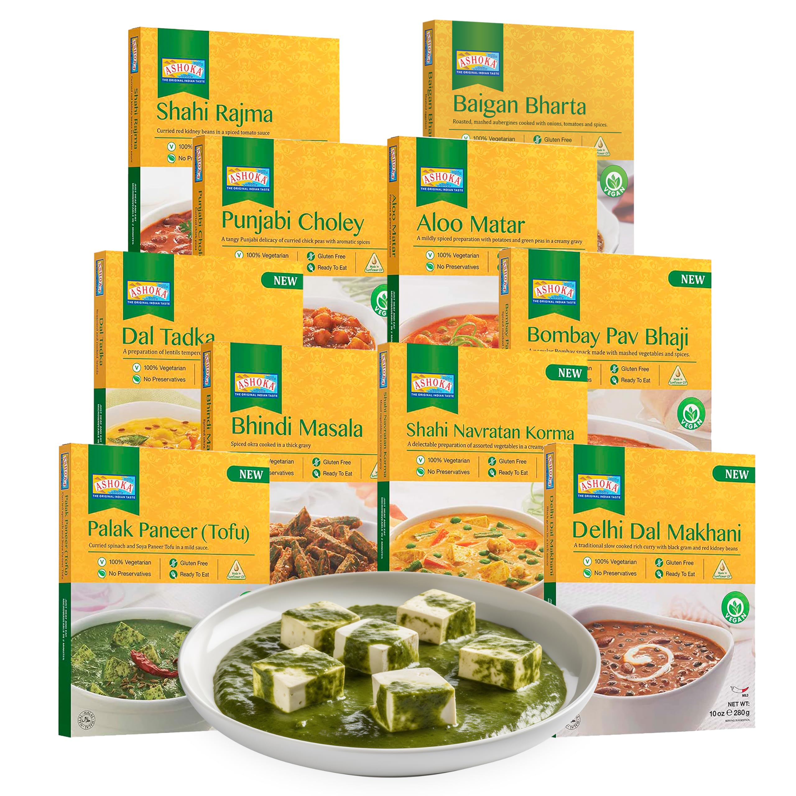 Ashoka Authentic Indian Meals 1932, Vegan Sampler Pack, Kosher Certified, Ready to Eat Meal Kit, All-Natural Microwave Friendly, Great for Hiking & Camping, Gluten-Free, No Preservatives, Pack of 10