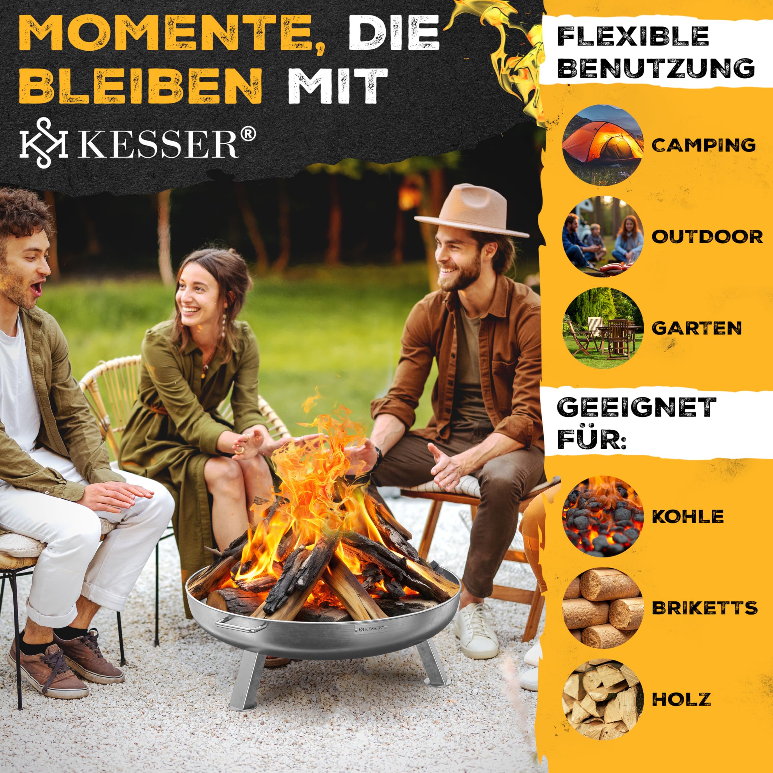 KESSER® Brasero en acier inoxydable 2,5 mm d'épaisseur Diamètre : 70 cm 42 cm Crochet en fonte 2 poignées solides Pour feu de camp, jardin et terrasse