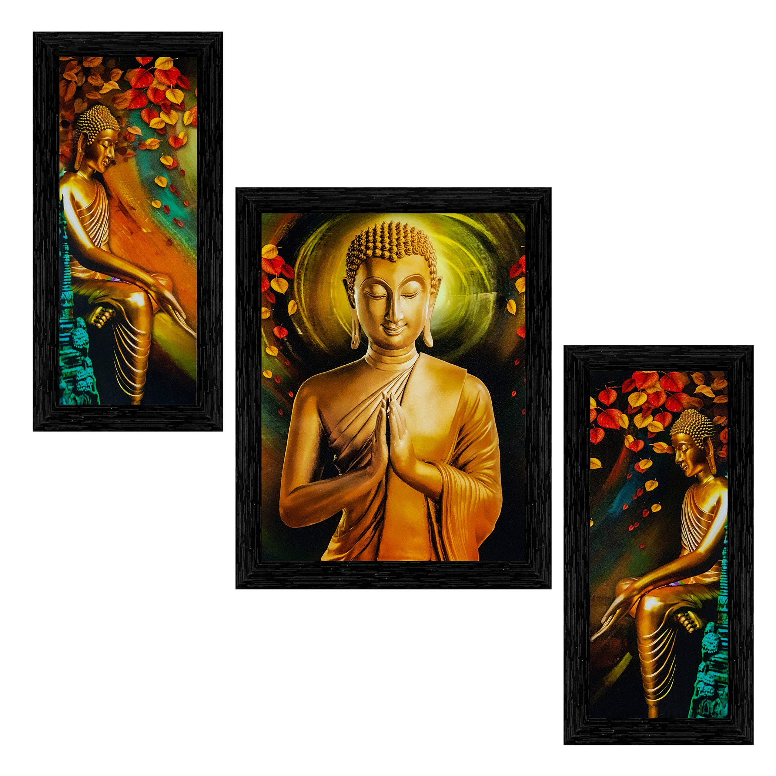 Set of 3 Gautam Buddha Framed Painting (6 X 13, 10.2 X 13, 6 X 13 INCH, Black)