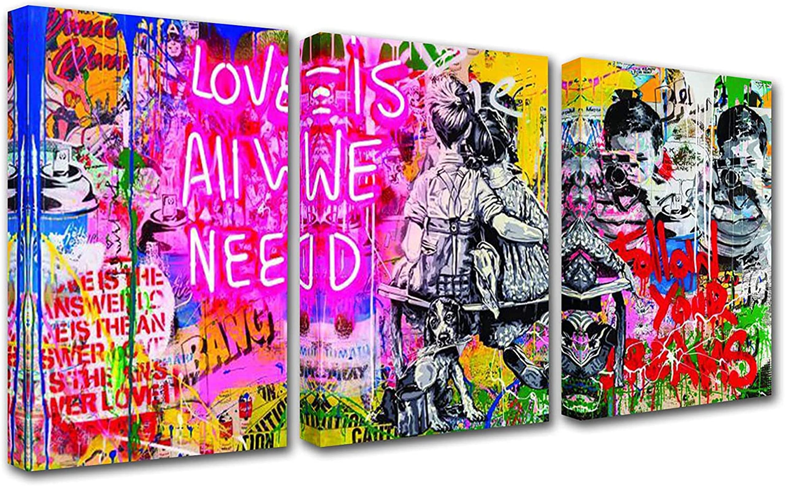 Banksy Street Classic Graffiti Wall Art Love is All We Need Inspirational Quote Poster Picture Art Print On Canvas For Living Room 60x80cm (24x32in) x3 Inner Frame