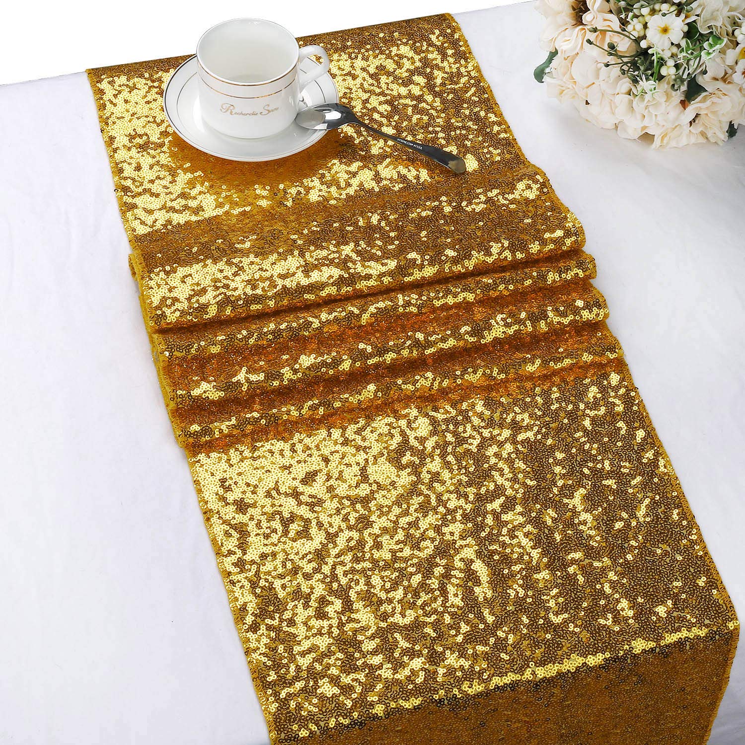 Pufogu Runner Da Tavola Con Paillettes, 30,5 X 274,3 Cm, Colore Bianco, Per Decorazioni Di Matrimoni, Feste Di Compleanno E Addio Al Nubilato (2 Pezzi)