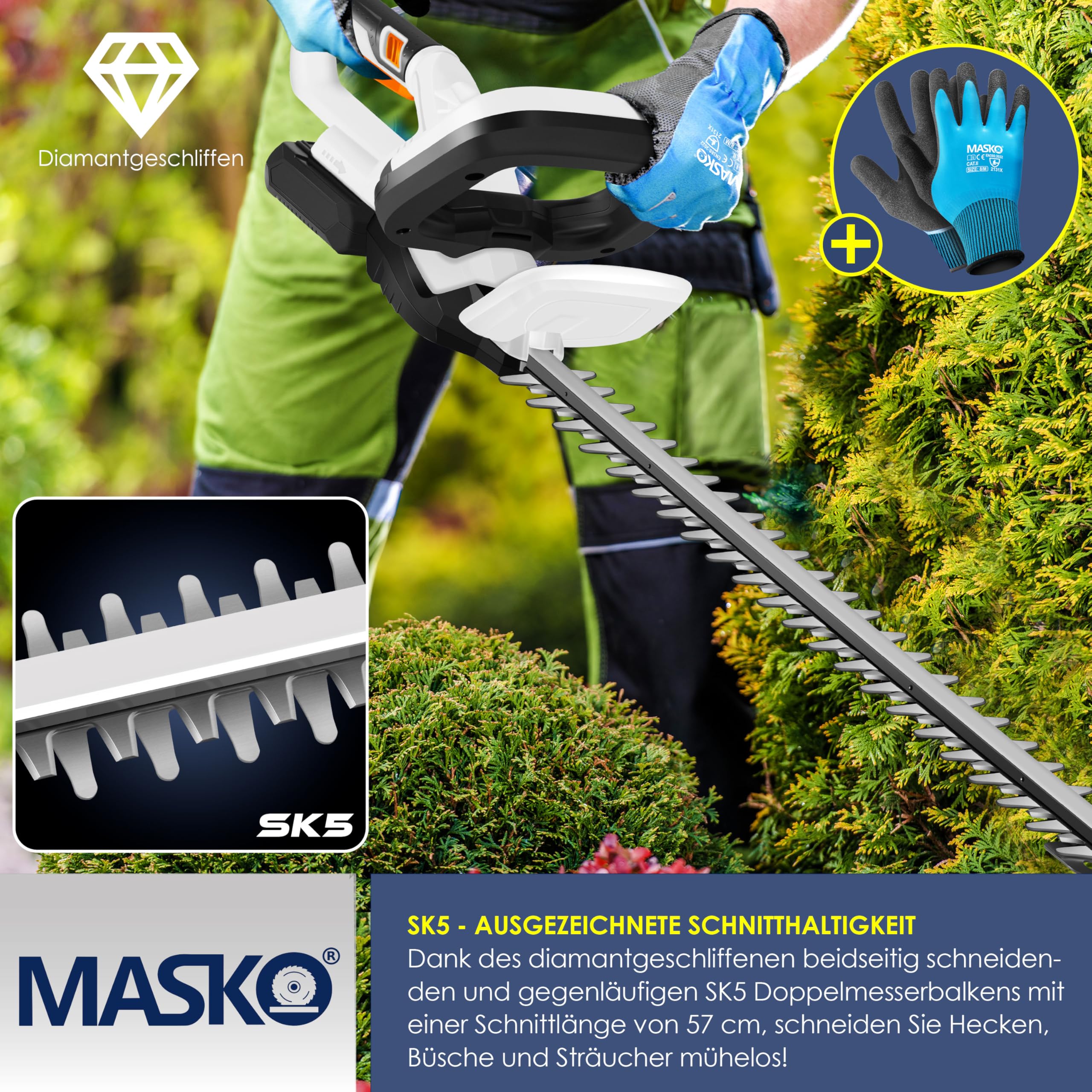 MASKO® Akku Heckenschere Profi Hecken & Strauchschere 57cm Schnittlänge Inkl. Handschuhe, Schutzhülle & 21V Akku 2,0 Ah mit Ladegerät, 27mm Zahnabstand Dual Schnittklingen Verstellbarer Griff Weiß